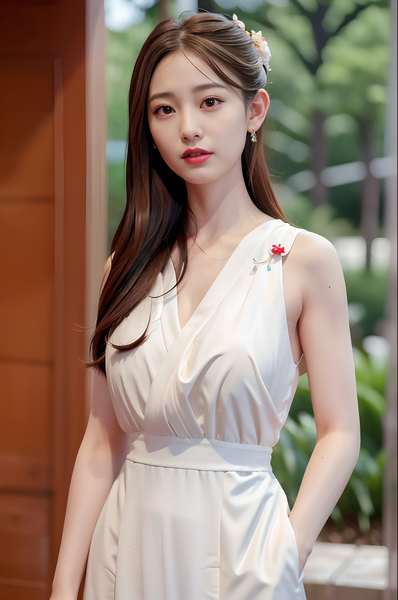 the Extremely Detailed CG Unity 8K Wallpapers，（tmasterpiece），（best qualtiy），（ultra - detailed），（Ultra photo realsisim），（best character detail：1.36），Nikon D750 f / 1.4 55mm，dynamic angle，profesional lighting，photon maping，Radio City，physically-based renderingt，
exteriors，busy street，looking at viewert，Be red in the face，
1girll，A MILF，熟妇，Tall stature，White proportions，（Kpop idol），（Shiny skin：1.2），（oilly skin：1.1），putting makeup on，[:(highy detailed face：1.2）：0.2]：，PureErosFace_V1，
（（Wavy gray hair and sophisticated fashion sense）），（agyo sal：1），（puffy eye），（eyeslashes：1.1），（parted lip：1.1），Red lipstick，broad shoulder，（mediuml breasts：1.1），（：1.1），Animal ear，（big assa：1.2），Thighs, Thighs，
 White bright Hanfu，Collar buttons，Ming，Ming dynasty，White silk garment