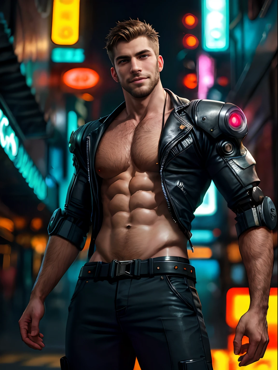 masterpiece, best quality, high resolution, closeup portrait, male focus, solo focus, muscular, burly, hairy, male, (no shirt: 1.2), A handsome man, with robot body parts, in a cyberpunk city, neon lights, blurred background, scruffy face, arrogant smirk, amazing composition, front view, HDR, volumetric lighting, ultra quality, elegant, highly detailed