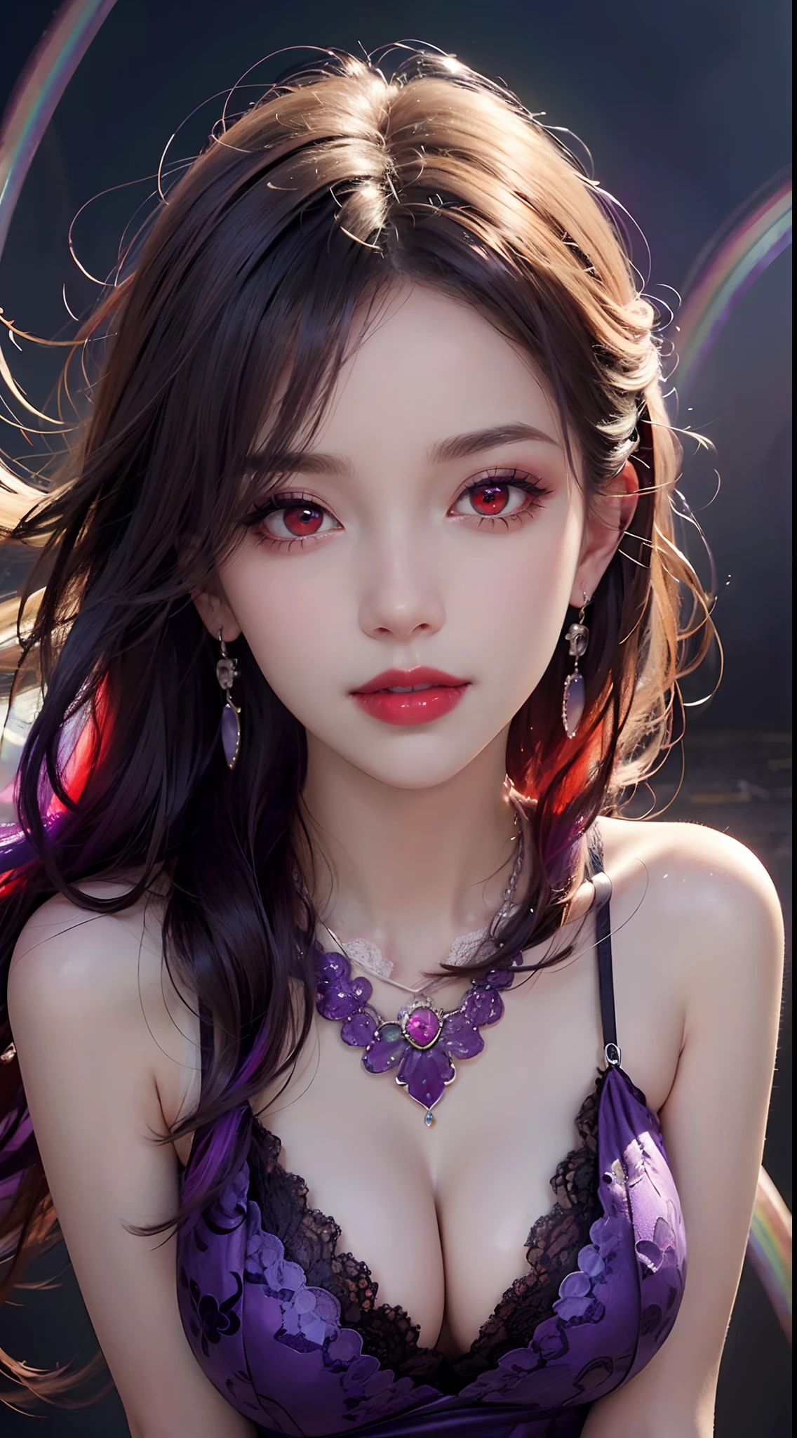A beautiful and sexy 20 year old girl, wearing a super thin red dress, ((long hair dyed rainbow colors:1.6)), bangs, the most detailed jewelry and beautiful hair, ((wears purple lace necklace:1.6) )), Super cute small face, very pretty face, thin eyebrows, flawless beautiful face, ((black eye pupil: 0.8)), very beautiful eyes, ((red eyes pale:1.5)), beautiful makeup and detailed eyelashes, steamy eye makeup, high nose, earrings, red lips, ((closed mouth:1;5 )) beautiful lips, slim hands, most beautiful thighs, ((arms spread out to the sides: 1.5)), rosy face, clean face, flawless beautiful face, smooth white skin, (big breasts: 1.5)), ((high breasts: 1.6)), Breasts plump, beautiful cleavage, ((big and super round breasts: 1.8))), ((super tight breasts: 1.5)), beautiful breasts, back arms, beautiful girl's upper body, 8k photo, quality super high, hyper realistic, 10x super pixel, photorealistic, dark studio, light edges, two-tone bright, (high detail skin:1.2), super 8k, soft light, high quality, lighting volumetric, realistic, Photo, high resolution, light, best photo, 4k, 8k quality, blur effect, Smooth and sharp, 10 x pixels, (galaxy: 1.7), aurora, lightning, surreal graphics, most realistic graphics, alone, solo, Extremely sharp, surreal images, (((frontal portrait:1.3)))."