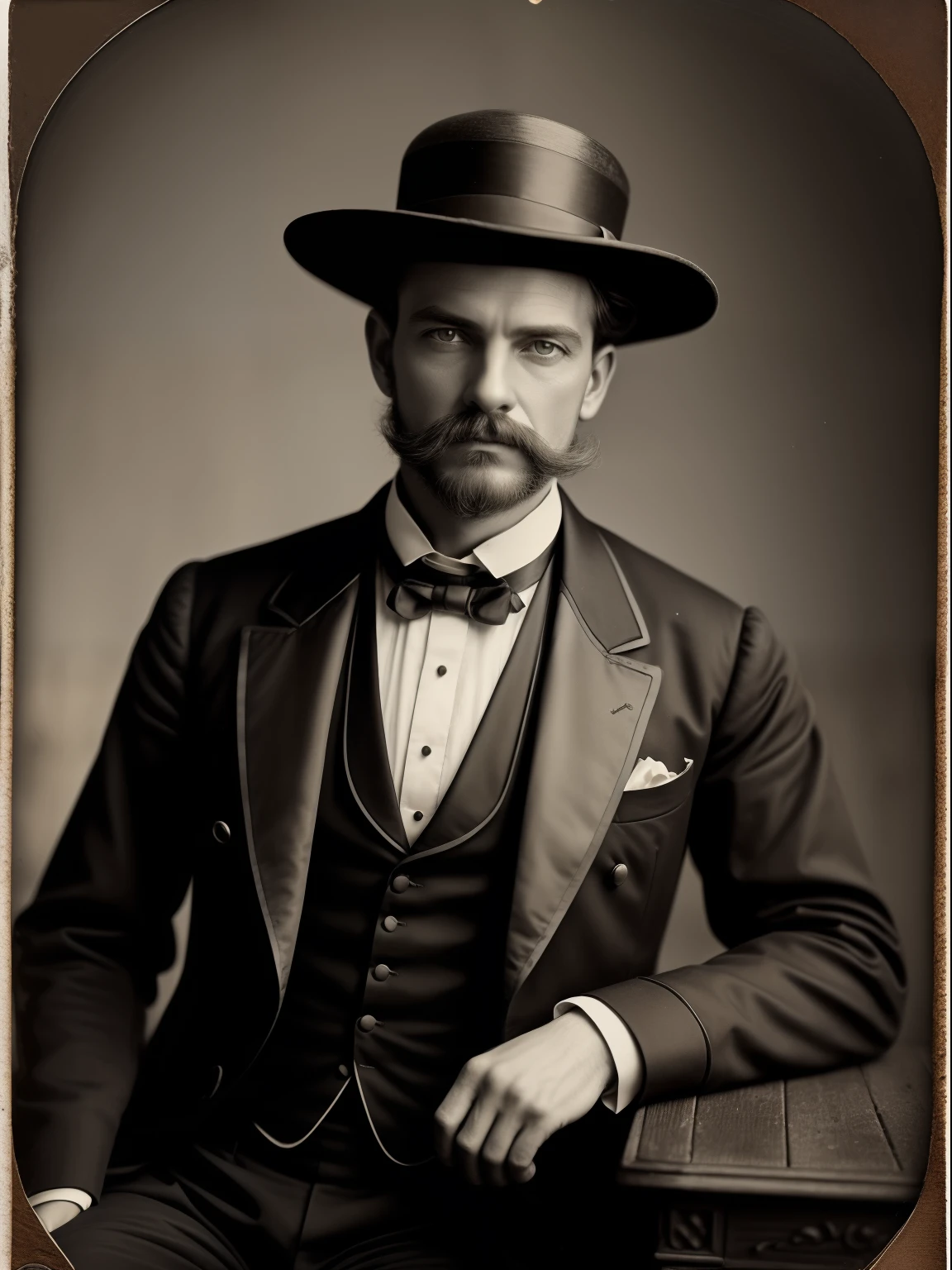 (Masterpiece) An insanely handsome Victorian man wearing a tuxedo and a hice hat, vintage sepia photography, outdoor photography, extremely inviting look, front look,  looking at the camera, very old and torned photo