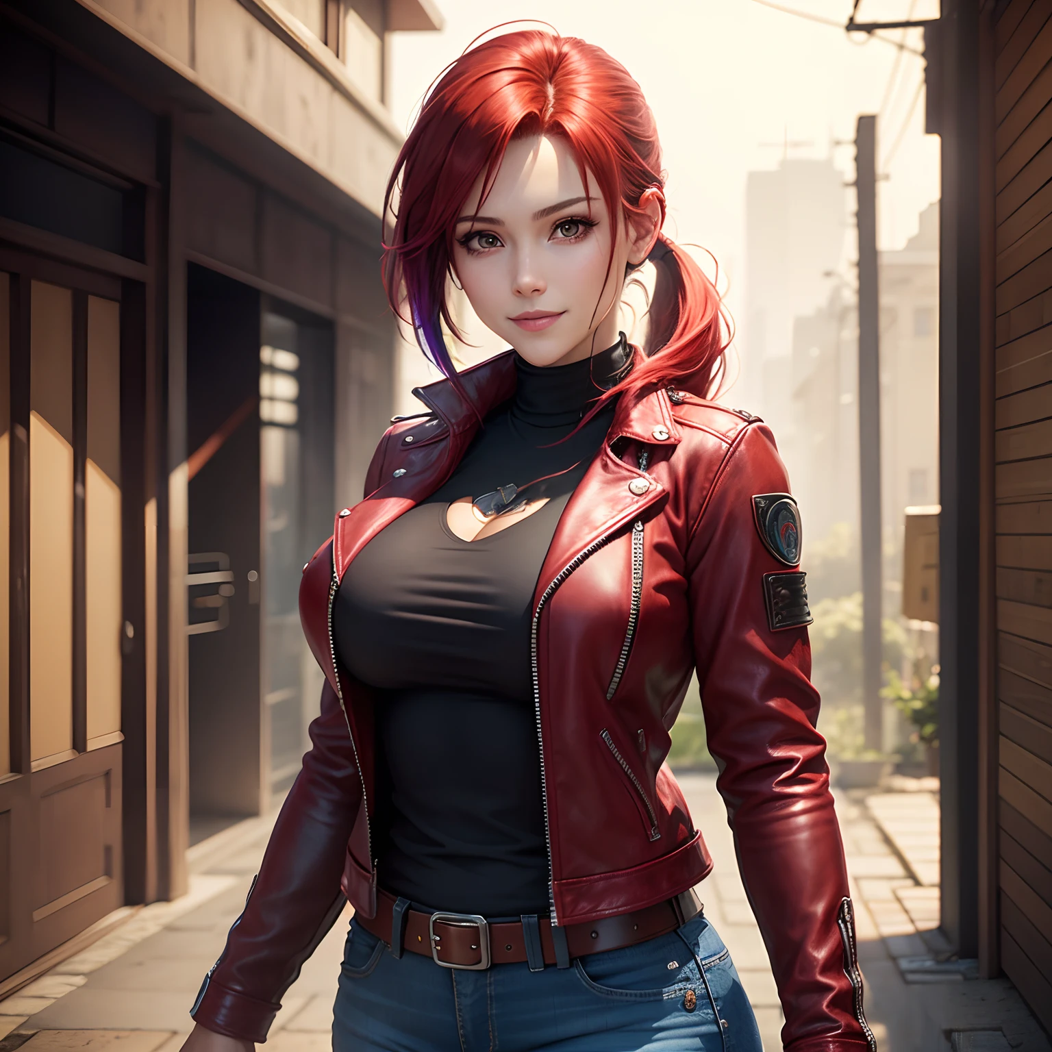 Claire Redfield、jeans、leather jackets、huge tit、poneyTail、multicolored hair、top-quality、​masterpiece、Beautie、Perfect facial features、a smile、Excellent style、