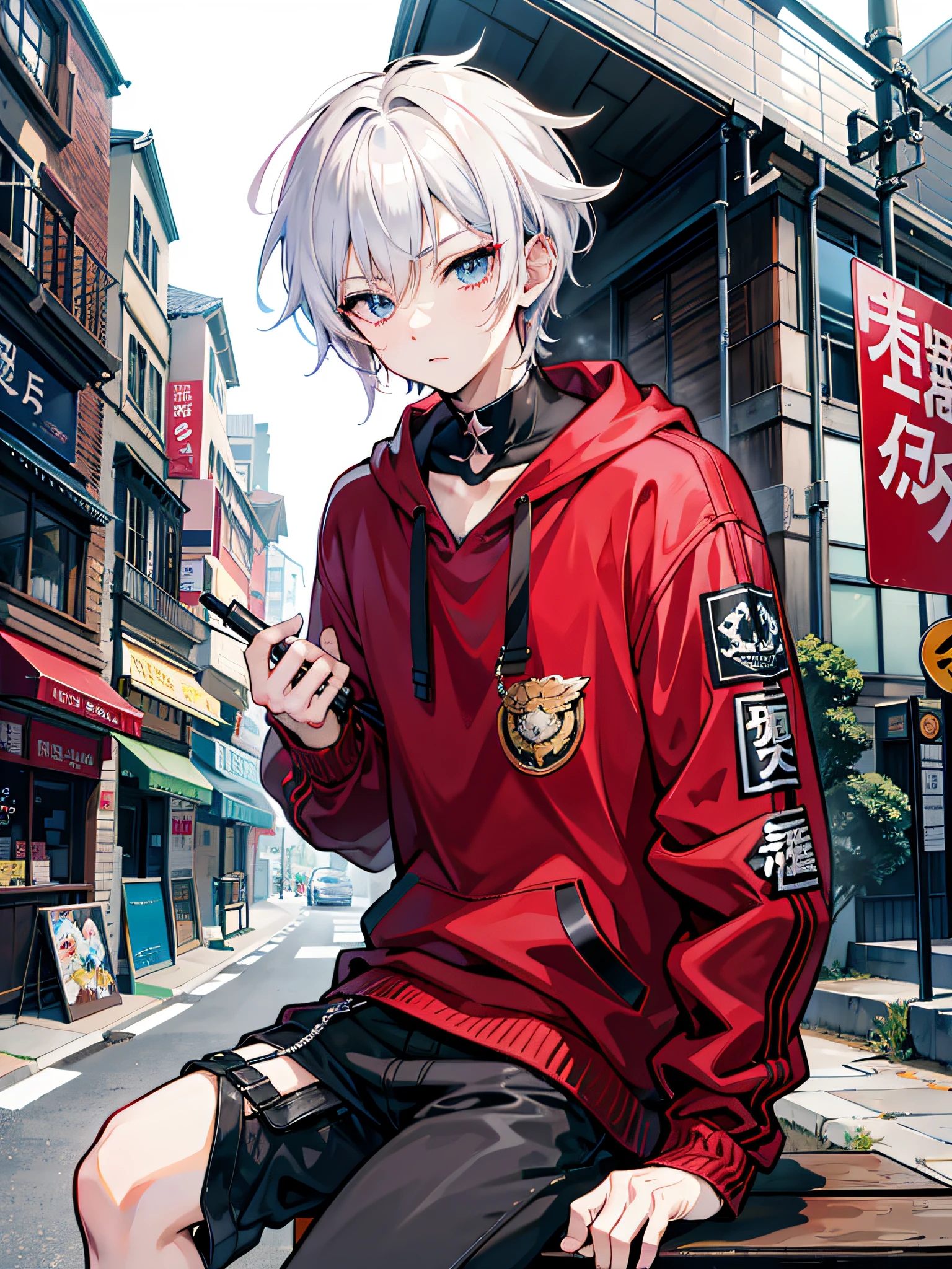 anime male sitting on a bench in a city street, anime style 4 k, best anime 4k konachan wallpaper, badass anime 8 k, 4k anime wallpaper, anime art wallpaper 8 k, anime art wallpaper 4k, anime art wallpaper 4 k, anime wallpaper 4k, anime wallpaper 4 k, high quality anime artstyle, 4 k manga wallpaper, medium hair, hair slightly covering eye