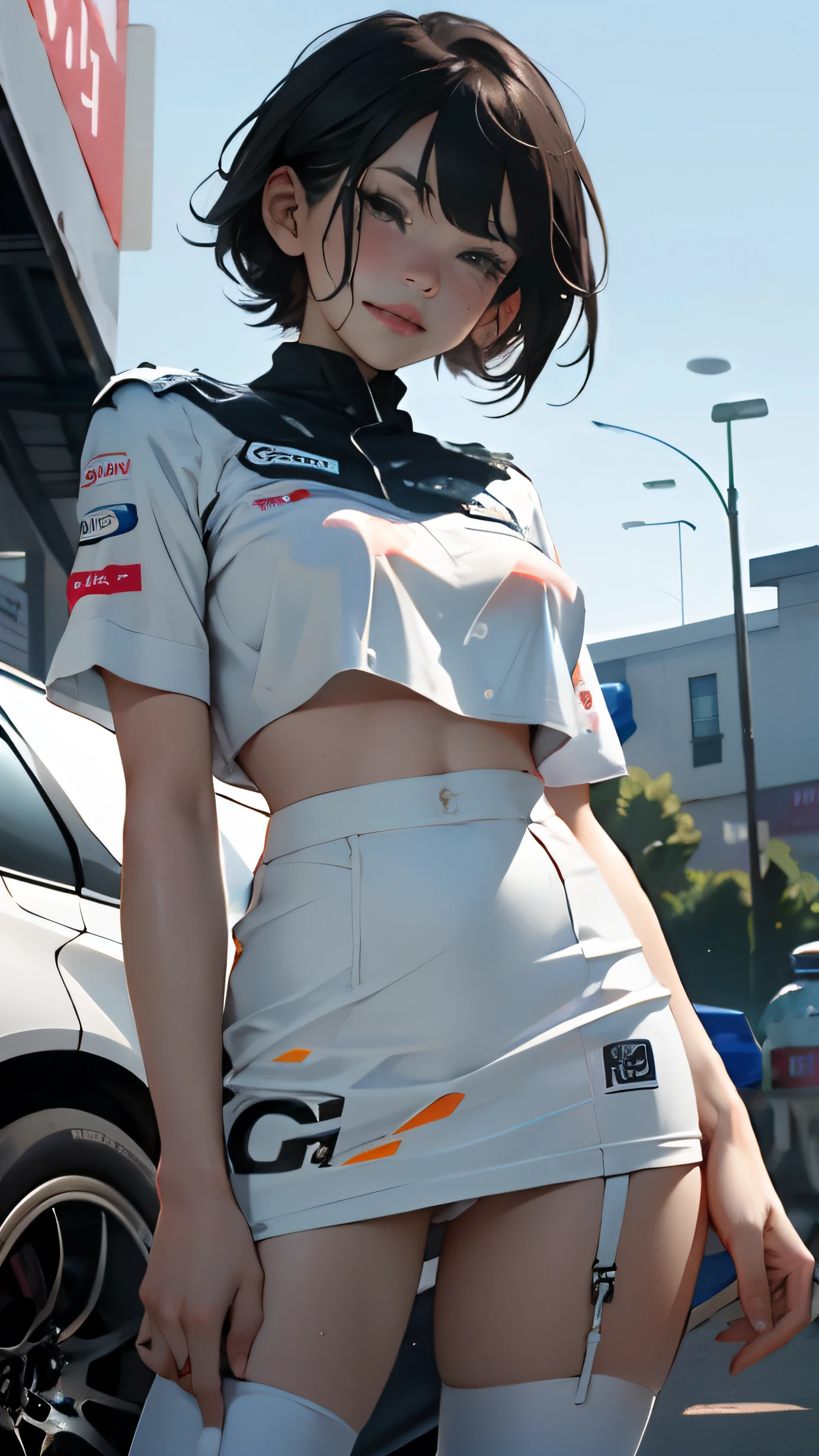 1girl huge large breasts,、((top-quality)), ((masterpiece)), 、A smile、 Pitch Resuit、Colossal tits、Puffy nipple、 knee high、Naughty face、 knee high white、Adult Woman、(cum in vaginas:1.3)、cum in mouth、( G-string to overflow:1.5)、 Sobbing tears、、 short-cut、see through White One Piece Checkered Mini Skirt、dress lift、l、Race Queen、A slender、 , masterpaintings, best qualtiy, Photorealsitic, ultra-detailliert, (shiny skins, perspired:1.4), Look at the big crowd, With short black hair, Brown-eyed,slender,dynamic light and shadow,hight resolution,Sharp Focus,depth of view,The eyes are delicate,Sharp pupils,pupil realistic,(Colossal tits),、A slender、(thick thight),outside of house,Skysky、、grid girl, underboob, wet_clothes, Wearing a grid_girl outfit with sponsor's logo printed, (standing in a motorsport racing)+,, left hand on waist