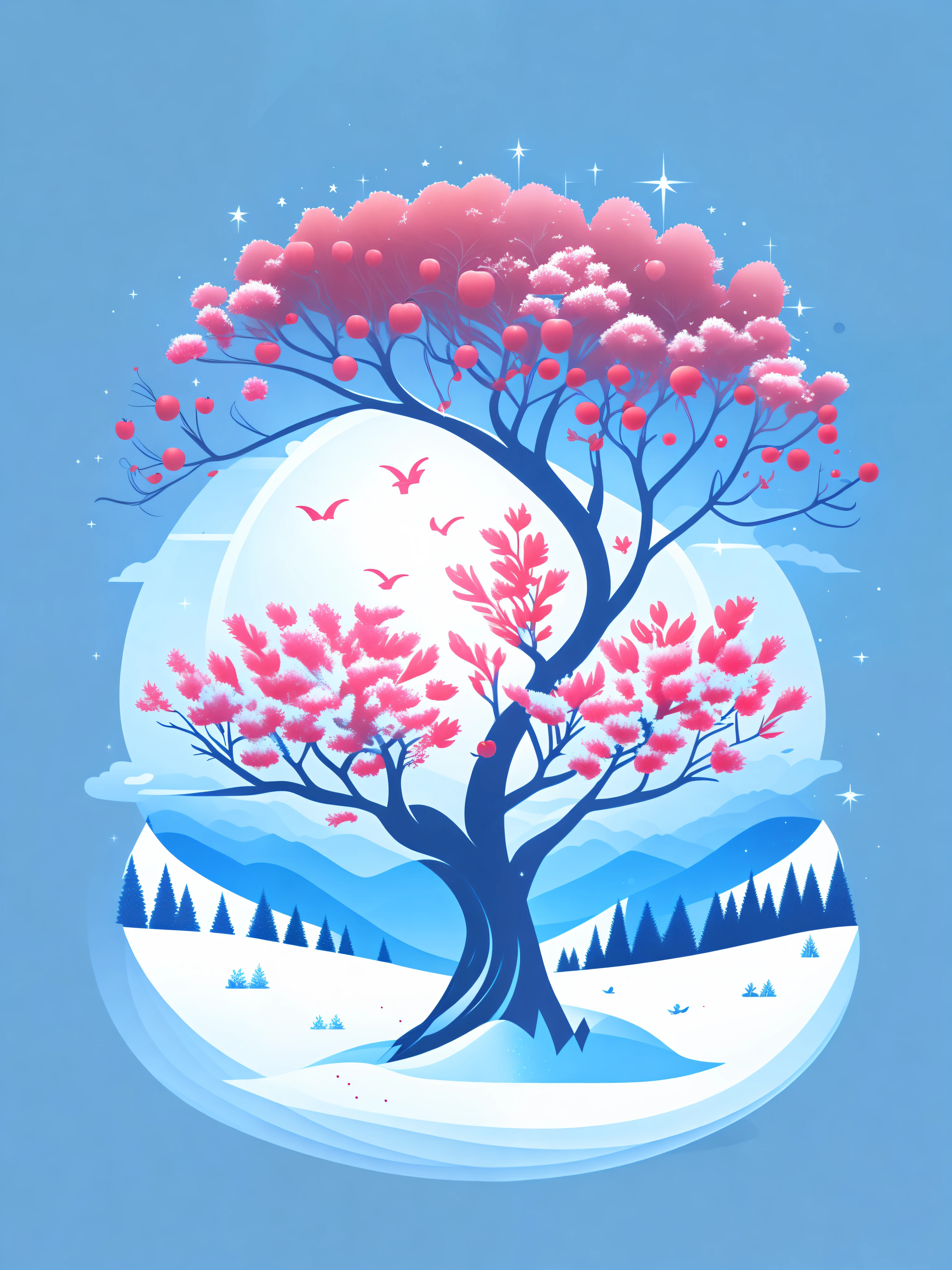 a spruice Apple tree in a winter landscape, tshirt design, rzminjourney, vector-art