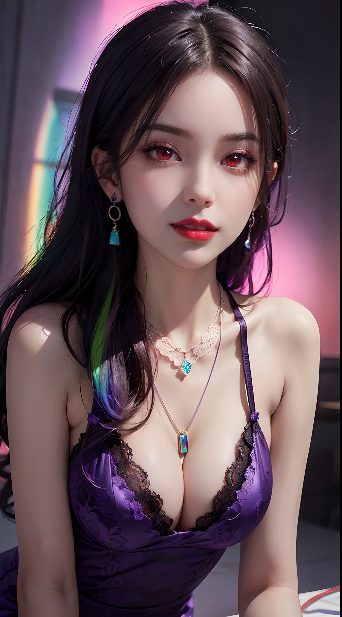 A beautiful and sexy 20 year old girl, wearing a super thin red dress, ((long hair dyed rainbow colors:1.6)), bangs, the most detailed jewelry and beautiful hair, ((wears purple lace necklace:1.6) )), Super cute small face, very pretty face, thin eyebrows, flawless beautiful face, ((black eye pupil: 0.8)), very beautiful eyes, ((red eyes pale:1.5)), beautiful makeup and detailed eyelashes, steamy eye makeup, high nose, earrings, red lips, ((closed mouth:1;5 )) beautiful lips, slim hands, most beautiful thighs, ((arms spread out to the sides: 1.5)), rosy face, clean face, flawless beautiful face, smooth white skin, (big breasts: 1.5)), ((high breasts: 1.6)), Breasts plump, beautiful cleavage, ((big and super round breasts: 1.8))), ((super tight breasts: 1.5)), beautiful breasts, back arms, beautiful girl's upper body, 8k photo, quality super high, hyper realistic, 10x super pixel, photorealistic, dark studio, light edges, two-tone bright, (high detail skin:1.2), super 8k, soft light, high quality, lighting volumetric, realistic, Photo, high resolution, light, best photo, 4k, 8k quality, blur effect, Smooth and sharp, 10 x pixels, (galaxy: 1.7), aurora, lightning, surreal graphics, most realistic graphics, alone, solo, Extremely sharp, surreal images, (((frontal portrait:1.3)))."