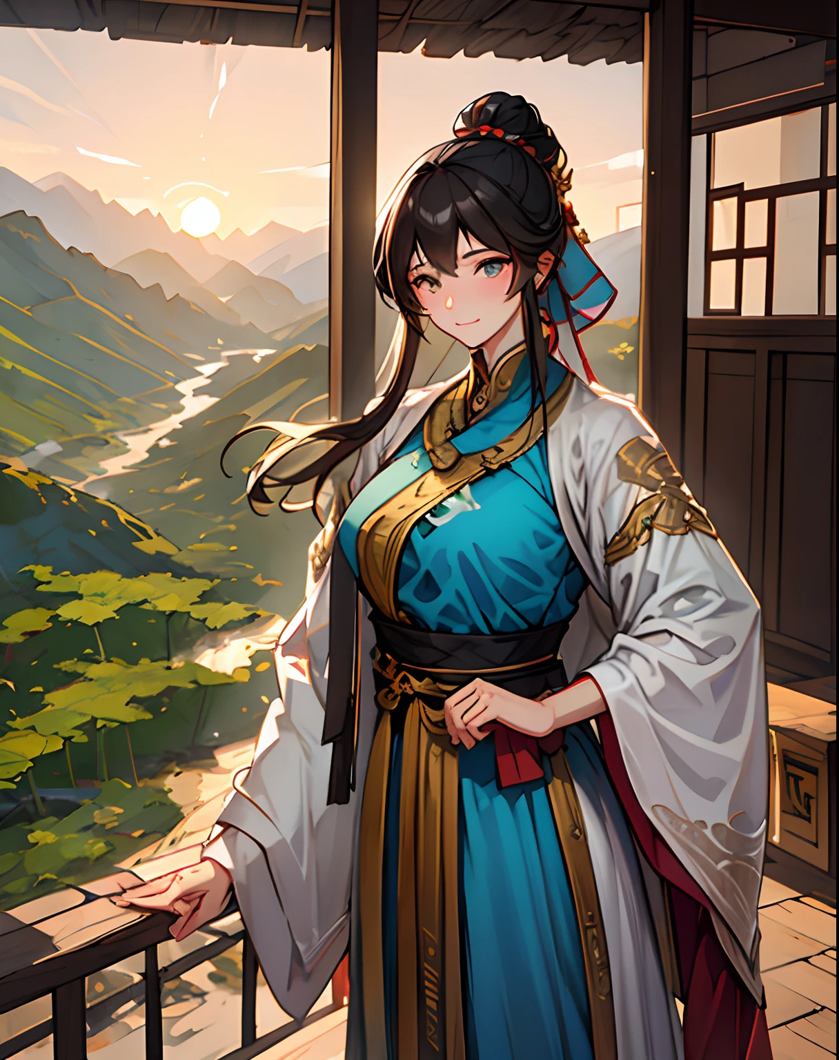 1mulher,cabelos compridos sedosos, cabelos negros, olhos sedutores, corpo delgado, usando uma roupa sexy hunfa estilo Xanxia, standing at ease admiring the sunset in a summer house in the mountains, near a bamboo forest.Arte bonita e detalhista.