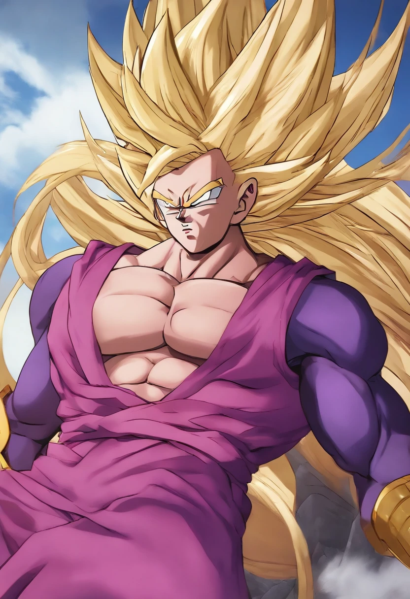 um close up de um personagem de desenho animado em uma roupa roxa, Personagem Dragonball, Orgulhoso Onion Hybrid Thanos, pink iconic character, arte conceitual de dragon ball, pose mais forte, Akiri Toriyama, saggy purple robes, imagem anime gelbooru, Anime de blob, Toei, Danbooru, Imperador do universo conhecido, postura poderosa, thicc, dentro de um shopping center