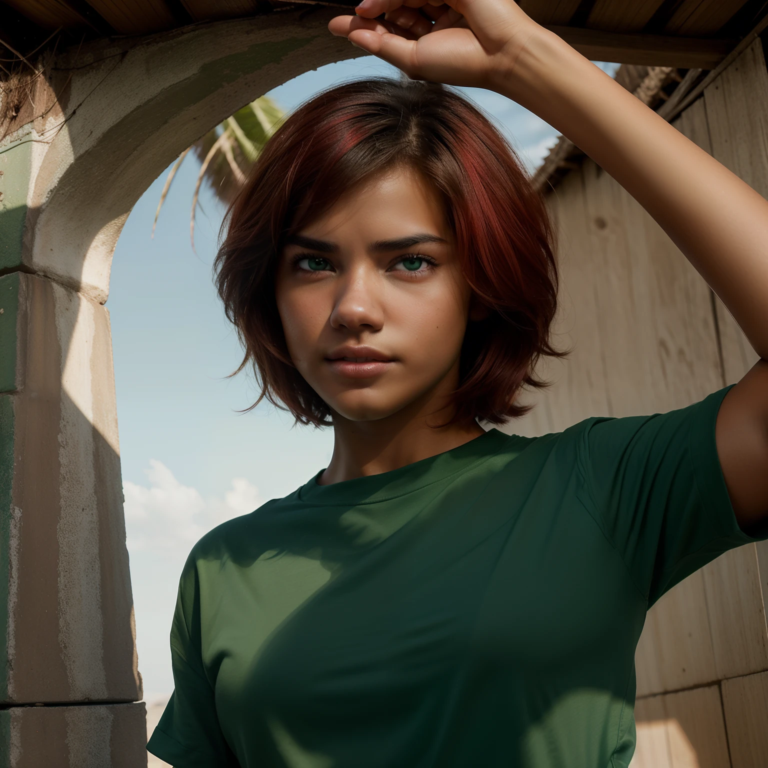A Photo Of One Young Teen Girl, ((Tupi Guarani Girl)), ((Tupinambá)), ((Teenager)), ((15 Years Old)), ((Tanned Skin Tone)), ((Face Features Of Taylor Lautner and Adriana Lima)), ((Short Hair)), (Straigth Hair), ((Dyed Red Hair Color)), Flowy Hairstyle, Pores, Realistic Skin, ((Green Eyes)), Wearing Makeup, ((Wearing Dark Casual Clothes)), Futuristic Background, Face Focused, Portrait