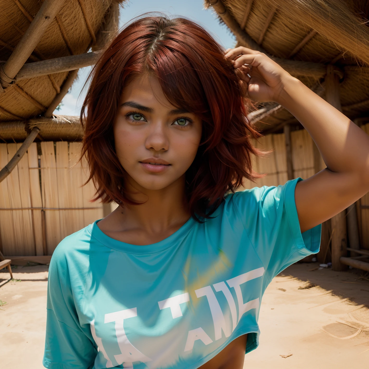 A Photo Of One Young Teen Girl, ((Tupi Guarani Girl)), ((Tupinambá)), ((Teenager)), ((15 Years Old)), ((Tanned Skin Tone)), ((Face Features Of Taylor Lautner and Adriana Lima)), ((Short Hair)), (Straigth Hair), ((Dyed Red Hair Color)), Flowy Hairstyle, Pores, Realistic Skin, ((Green Eyes)), Wearing Makeup, ((Wearing Oversized Clothes)), Futuristic Background, Face Focused, Portrait