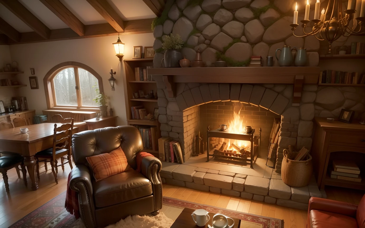 cozy hobbit fireplace with cozy bookshelf full of books, with a cozy coffee can and a coffee cup, with a pile of firewood