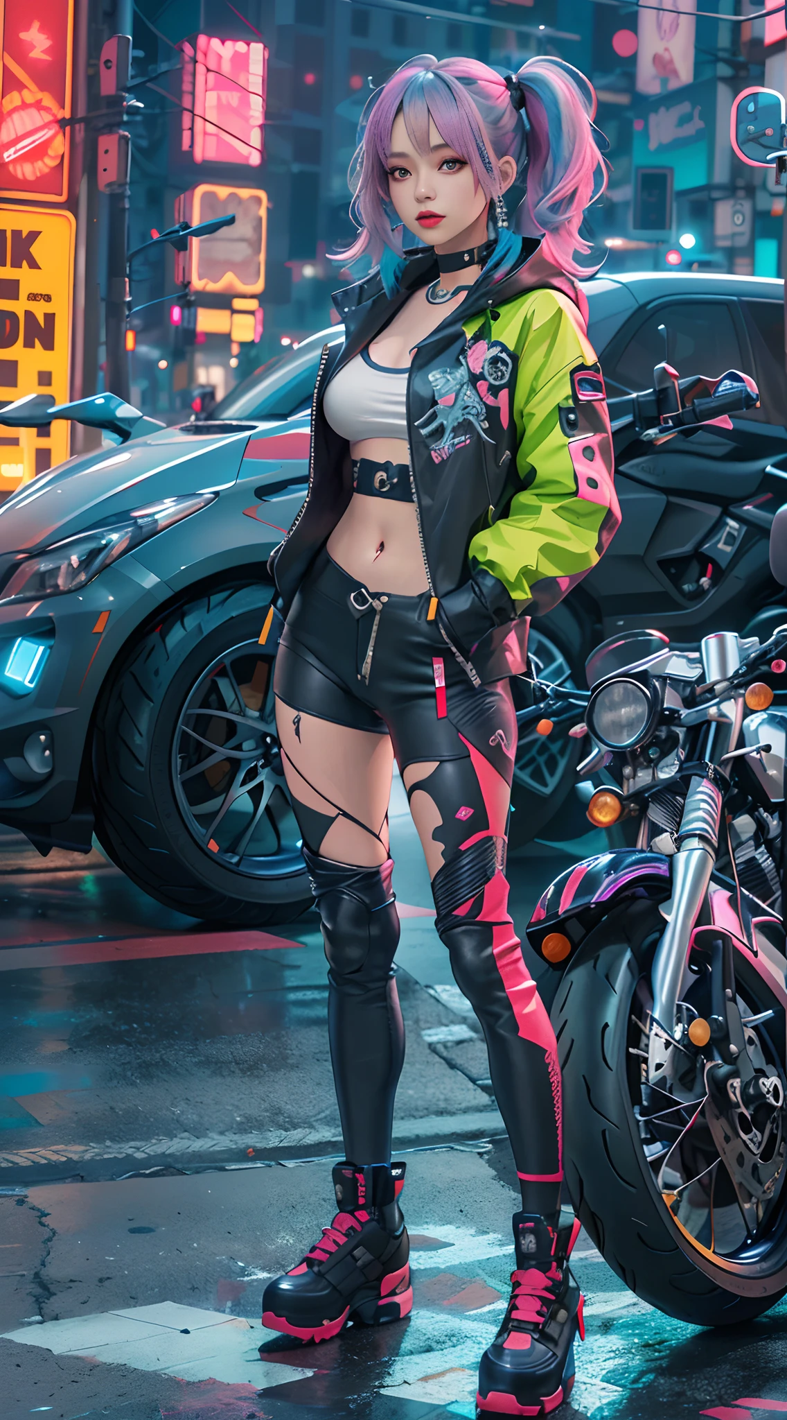 Masterpiece, Best quality, Confident cyberpunk girl, Full body shot, ((Stand in front of the motorcycle)), Popular costumes in Harajuku style, Bold colors and patterns, Eye-catching accessories, Trendy and innovative hairstyle, Vibrant makeup, Cyberpunk's dazzling cityscape, skyscrapper, Neon signs, LED lights, Bright and vivid color scheme, anime big breast, illustration, Detailed skin texture, Detailed cloth texture, Beautiful detailed face, Intricate details, Ultra detailed.