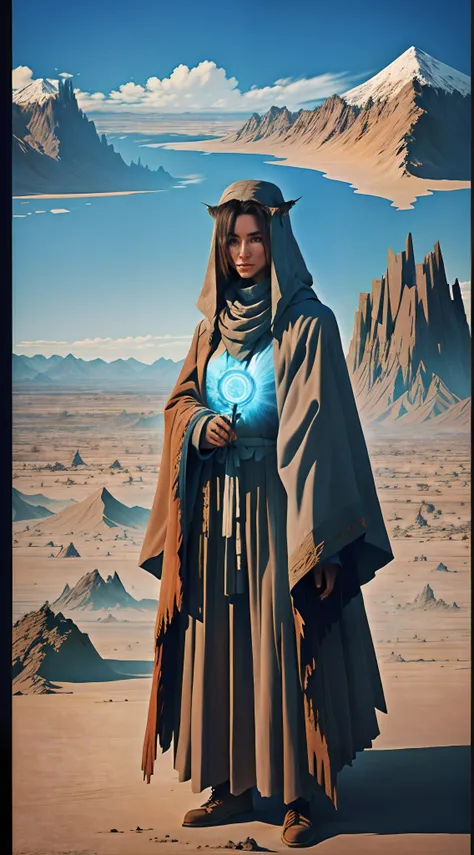 concept art of a character in the forground with a cold desert in the background, a modern shaman , woman