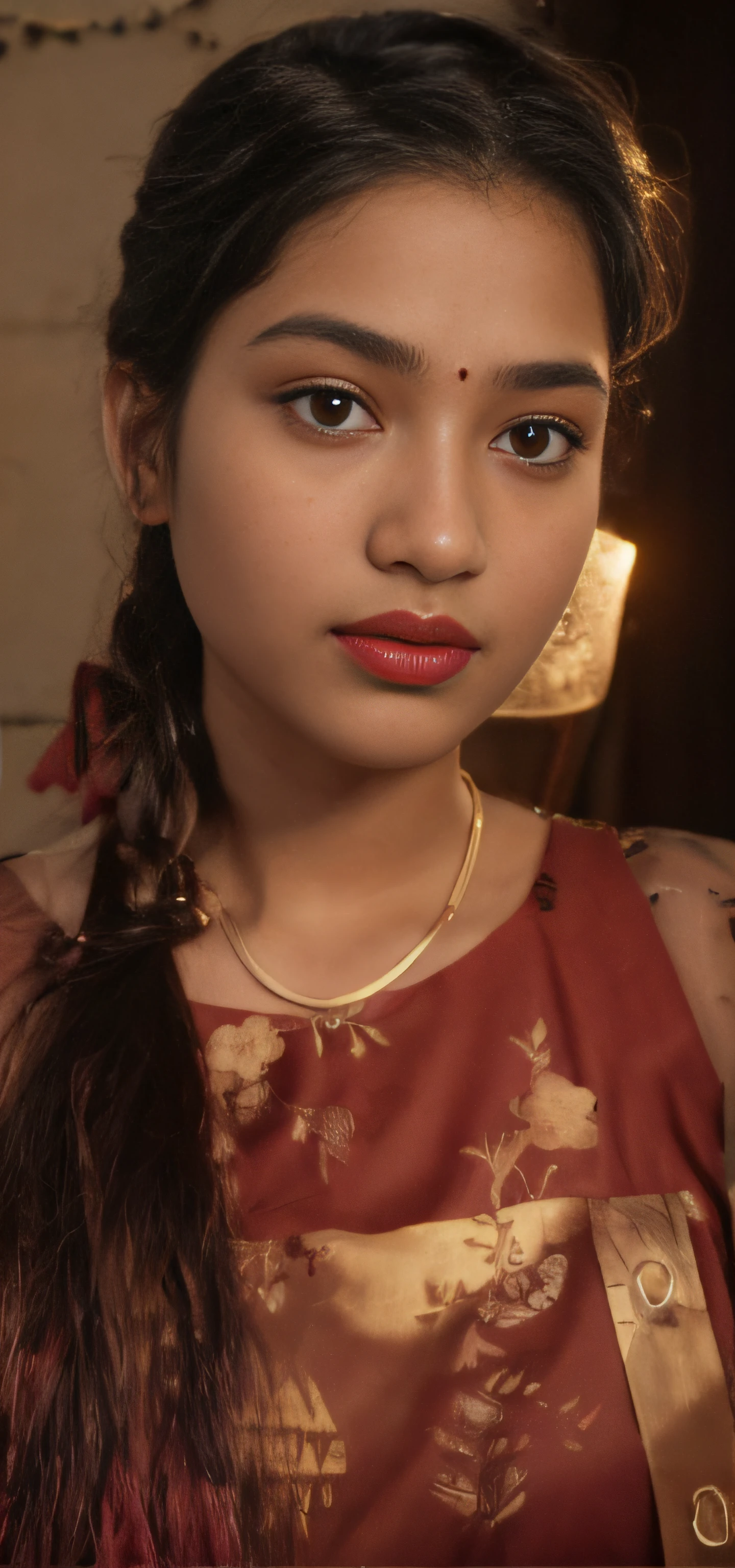 there is a woman with long hair and a necklace with a red lipstick, with accurate face, indian chubby aesthetic, very beautiful girl, beutiful face, with lovely look, cute beautiful, srilanka female, beuatiful face, with cute - fine - face, very beautiful enga style, 18 years old, very very very beautifull face, with kind face, ((film grain, skin details, high detailed skin texture, 8k hdr, dslr)), photography taken by sony DSLR, Hd image