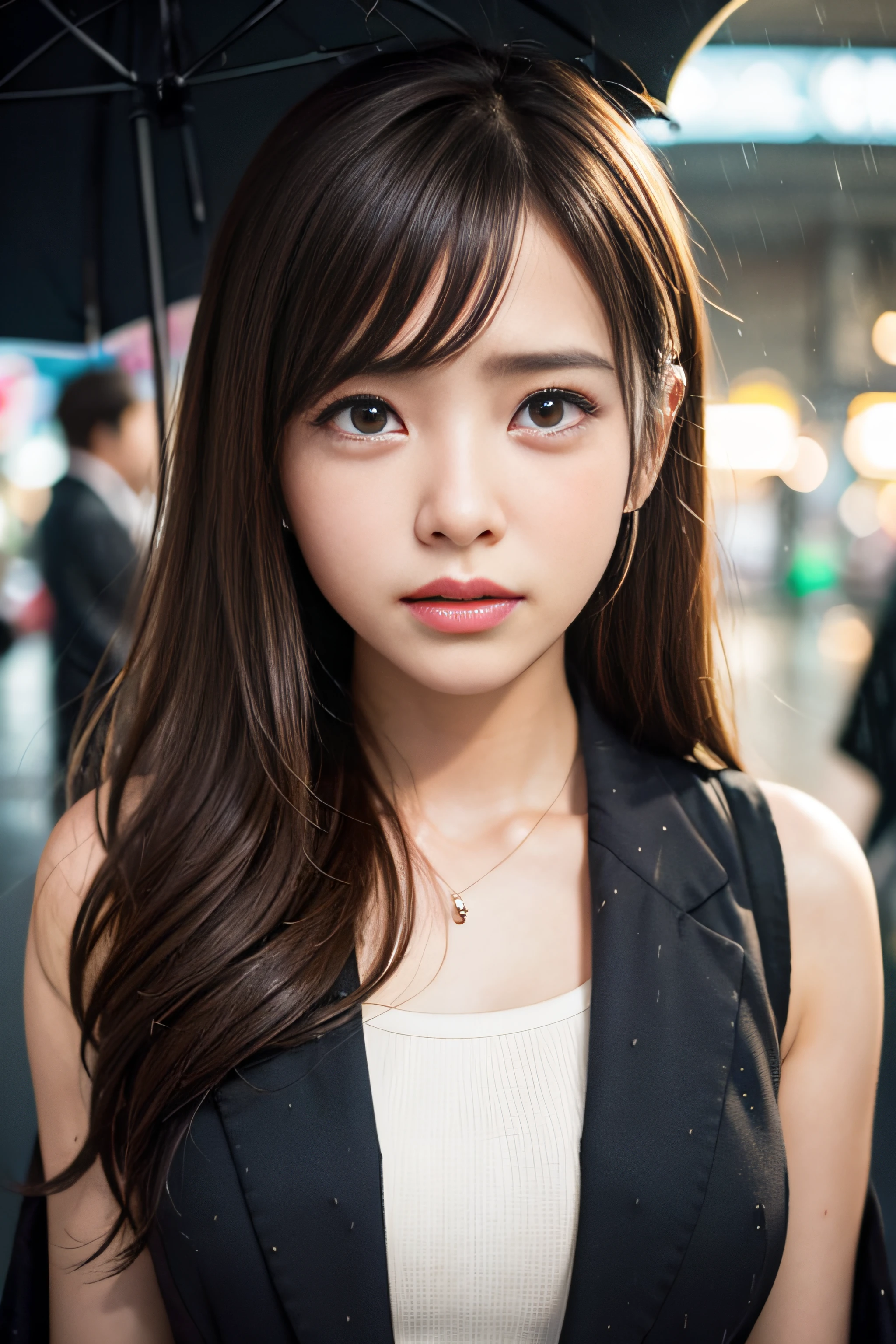 1girl in、(Super beauty)、Long brown wavy hair、(Heartbreak Travel)、(Tears:1.4)、Tokyo Station in the Rain、(beauitful face)、Shallow depth of field