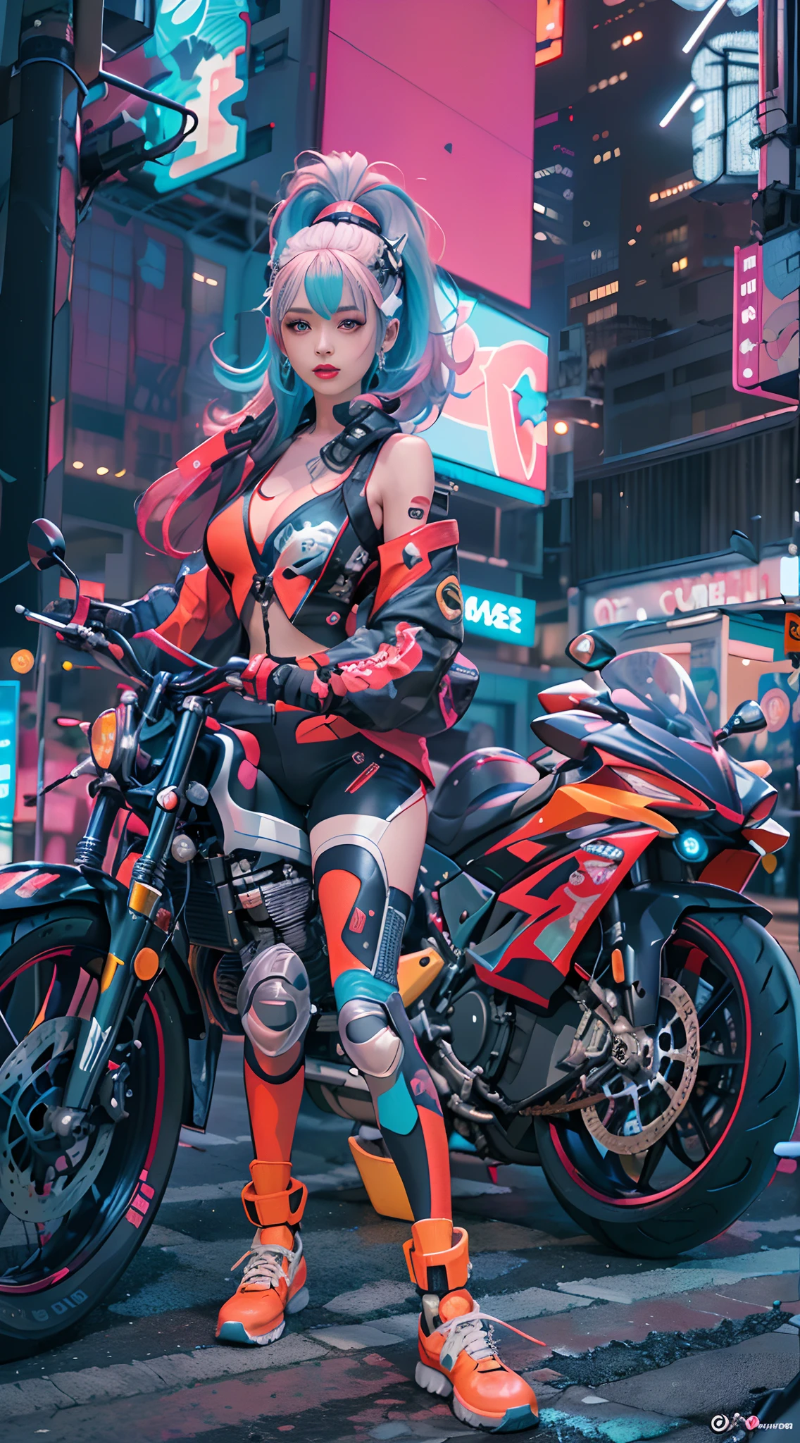 Masterpiece, Best quality, Confident cyberpunk girl, Full body shot, ((Stand in front of the motorcycle)), Popular costumes in Harajuku style, Bold colors and patterns, Eye-catching accessories, Trendy and innovative hairstyle, Vibrant makeup, Cyberpunk's dazzling cityscape, skyscrapper, Neon signs, LED lights, Bright and vivid color scheme, anime big breast, illustration, Detailed skin texture, Detailed cloth texture, Beautiful detailed face, Intricate details, Ultra detailed.