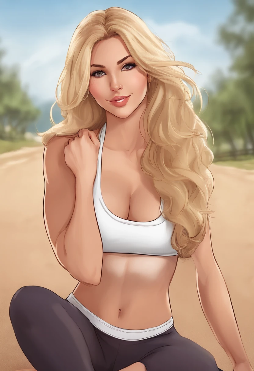 blonde hair brown eyes tight yoga pants yoga position wearing hips visible in the middle with breasts removed