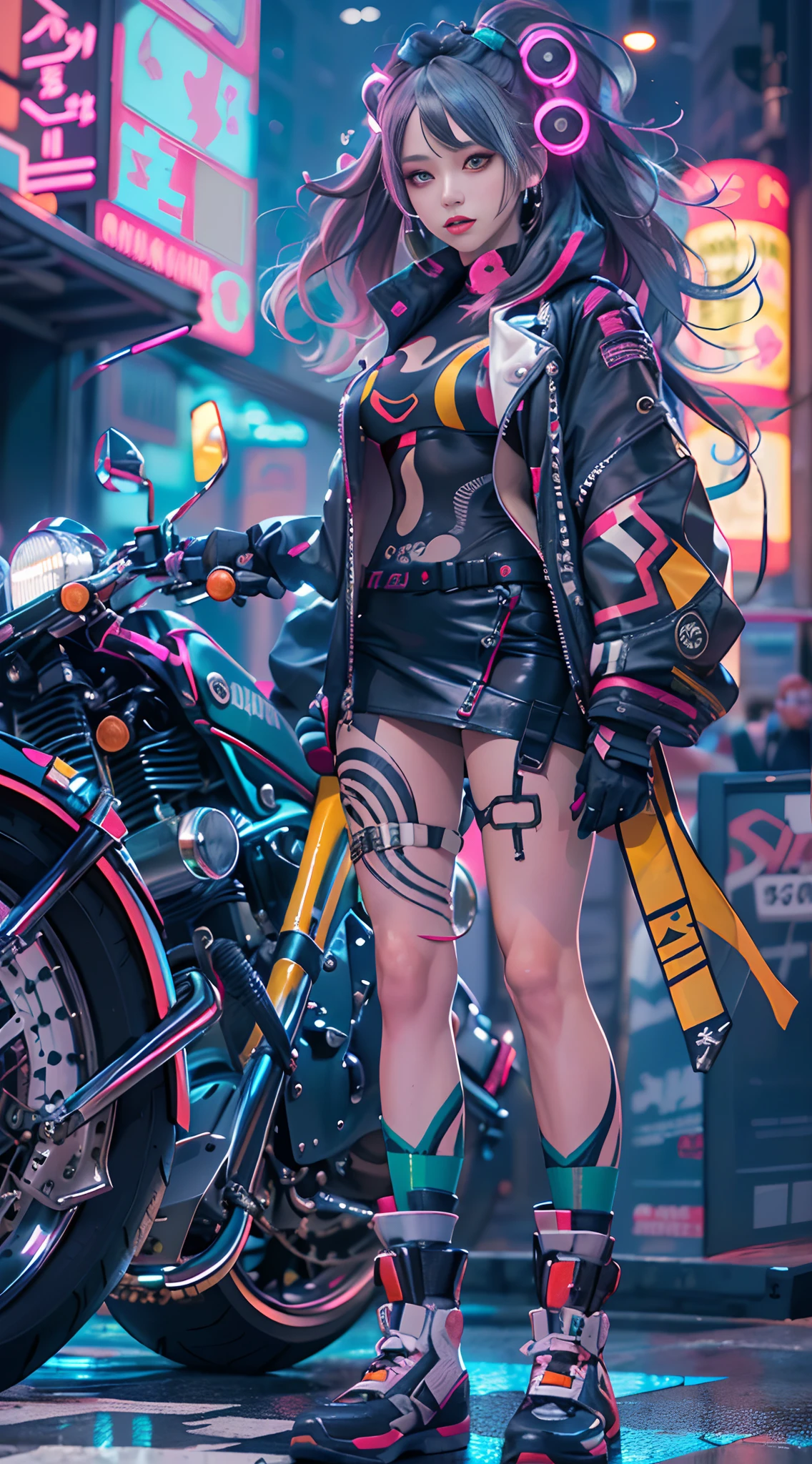masutepiece, Best Quality, Confident cyberpunk girl, Full body shot, ((Stand in front of the motorcycle)), Pop costumes inspired by Harajuku, Bold colors and patterns, Eye-catching accessories, Trendy and innovative hairstyles, Bright makeup, Cyberpunk dazzling cityscape, Skyscrapers, neon signs, led lights, Bright and vivid color scheme, Anime, Illustration, Detailed skin texture, Detailed Cloth Texture, beautifull detailed face, Intricate details, ultra-detailliert.