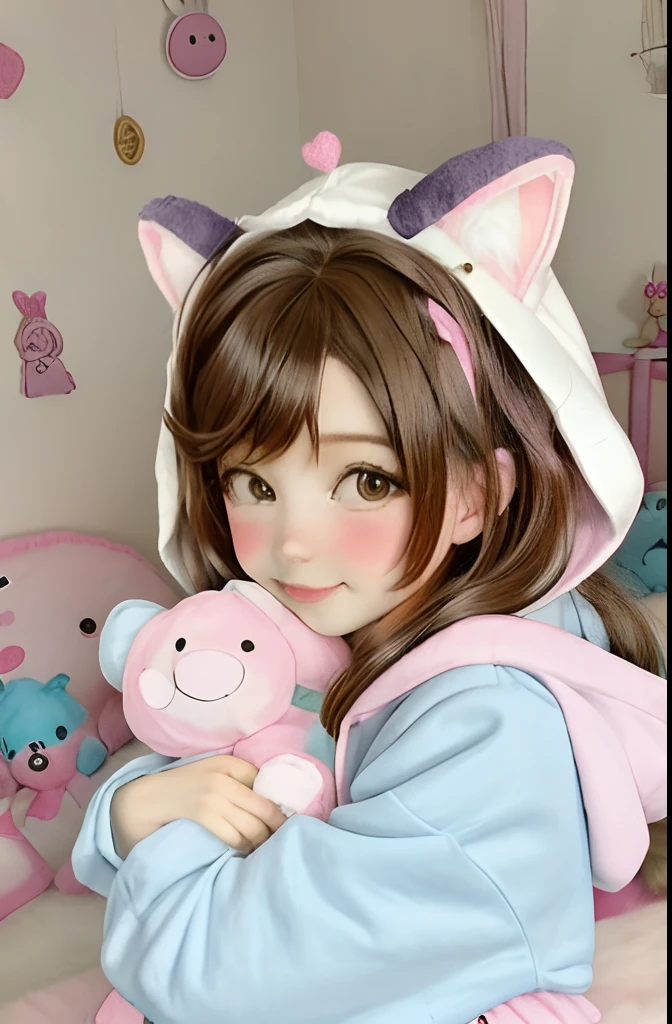 clutter girl's lovely room, hugging stuffed animal, fluffy hoodie with animal ears,