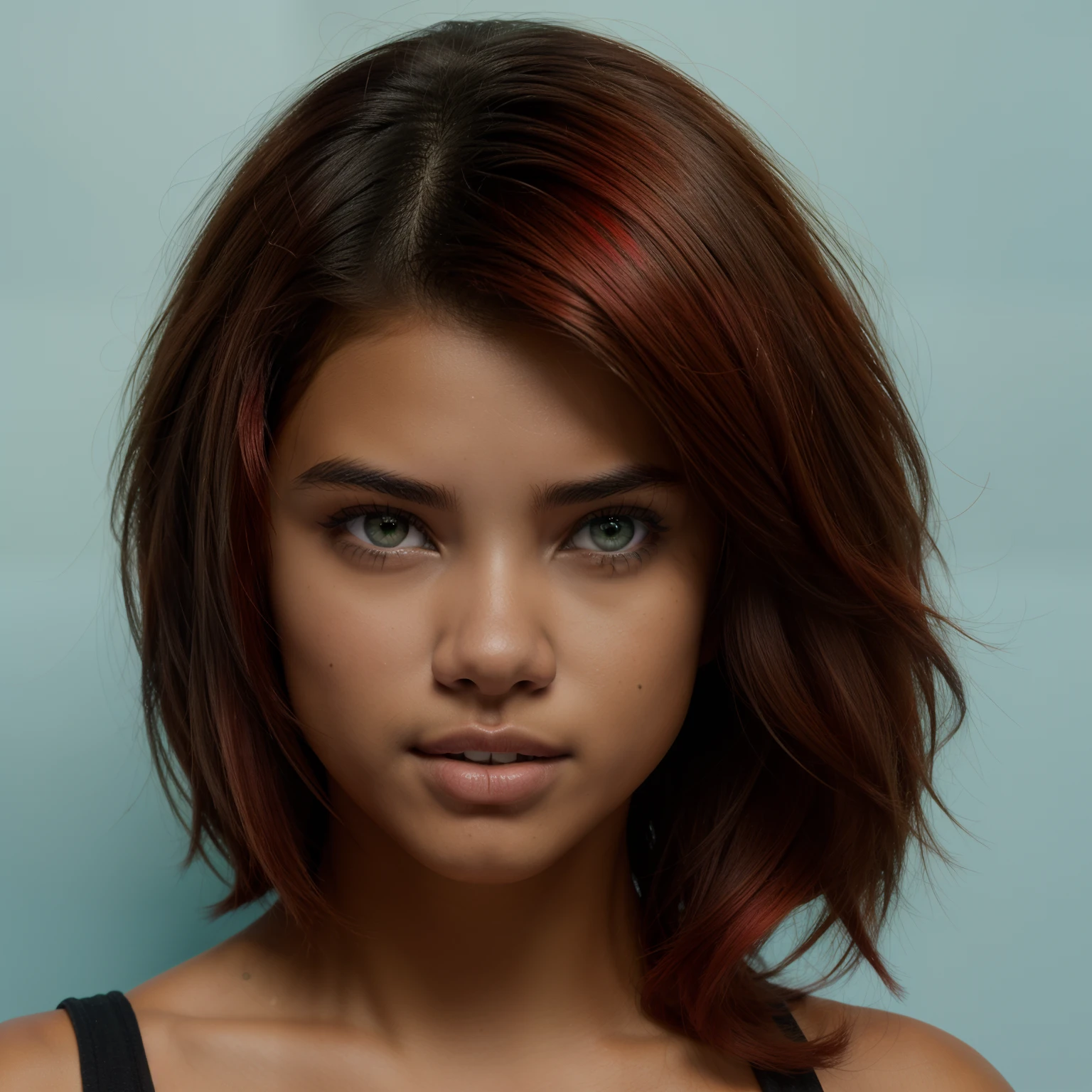 A Photo Of One  Girl, ((Tupi Guarani Girl)), ((Tupinambá)), ((Teenager))Years Old)), ( Tone)), ((Face Features Of Taylor Lautner and Adriana Lima)), ((Long Pixie Cut Hair)), (Straigth Hair), ((Dyed Red Hair Color)), Flowy Hairstyle, Pores, Realistic Skin, ((Green Eyes)), Wearing Makeup, ((Wearing Minimalistic Clothes)), Futuristic Background, Face Focused, Portrait, Face Close Up