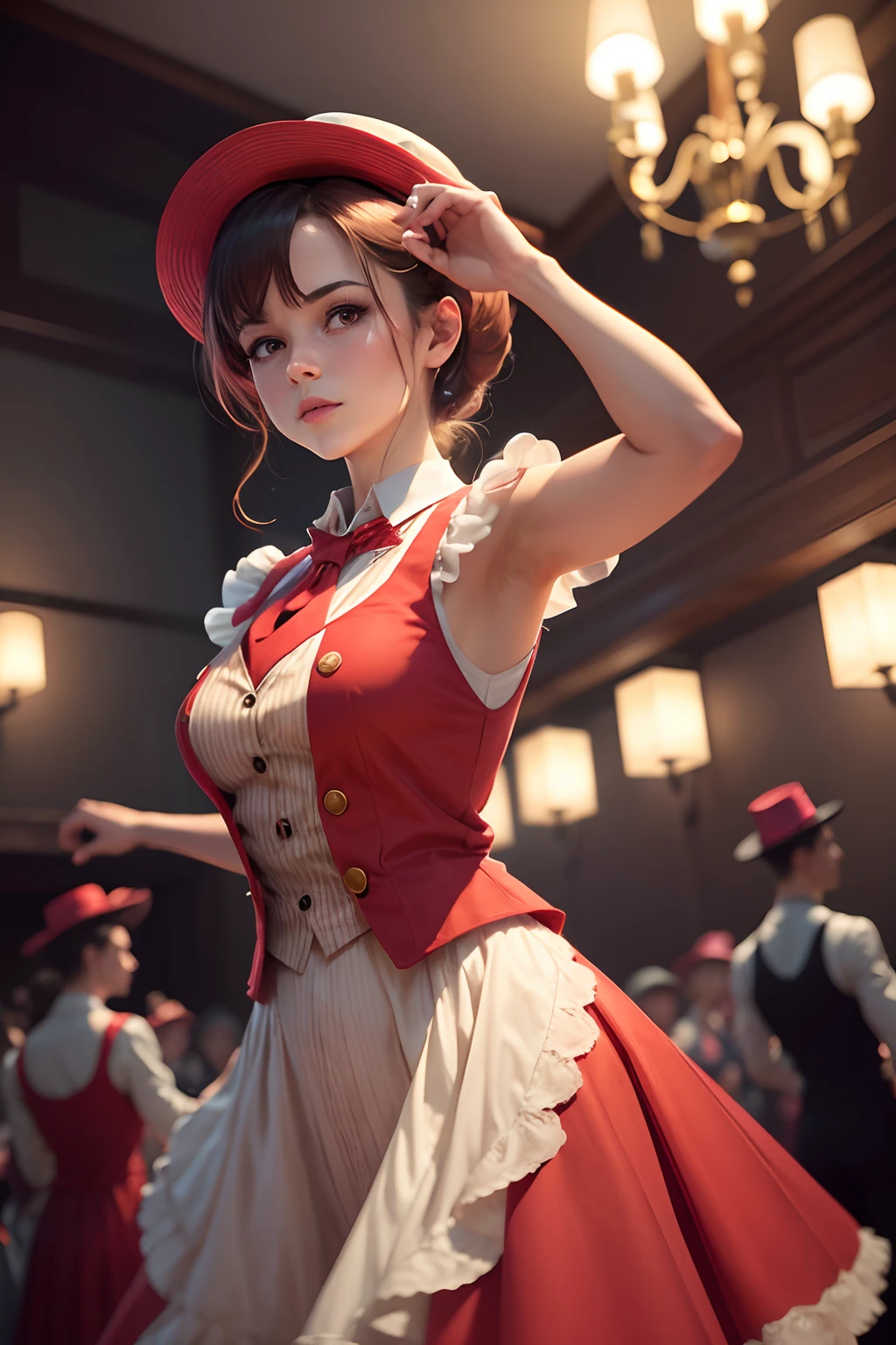 Create a costume for dance students.

Women in a chamise dress with a pin top, with a short red vest on top and a red tie.

Make sure the costumes are comfortable to dance in, but also convey the magical atmosphere of the Mary Poppins movie