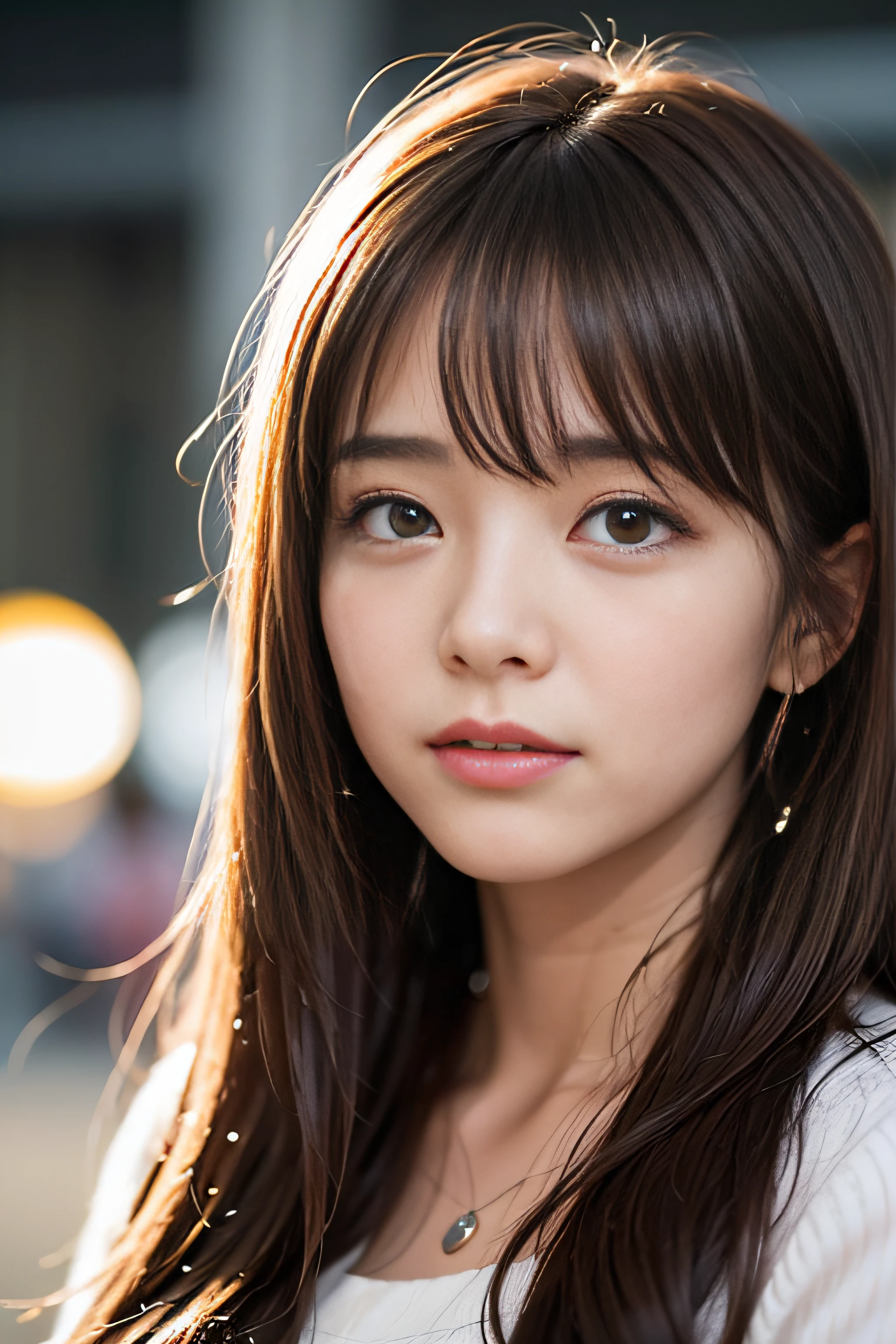 Highest quality, 8K, ,masterpiece :1.3)), In-person audience,((Whole body 1.2)) ,Beautiful woman, Wide Shot ,One girl, , Seaside,, , Brown Hair , bangs,T-Shirts,Highly detailed face, Highly detailed lips, Fine grain, double eyelid