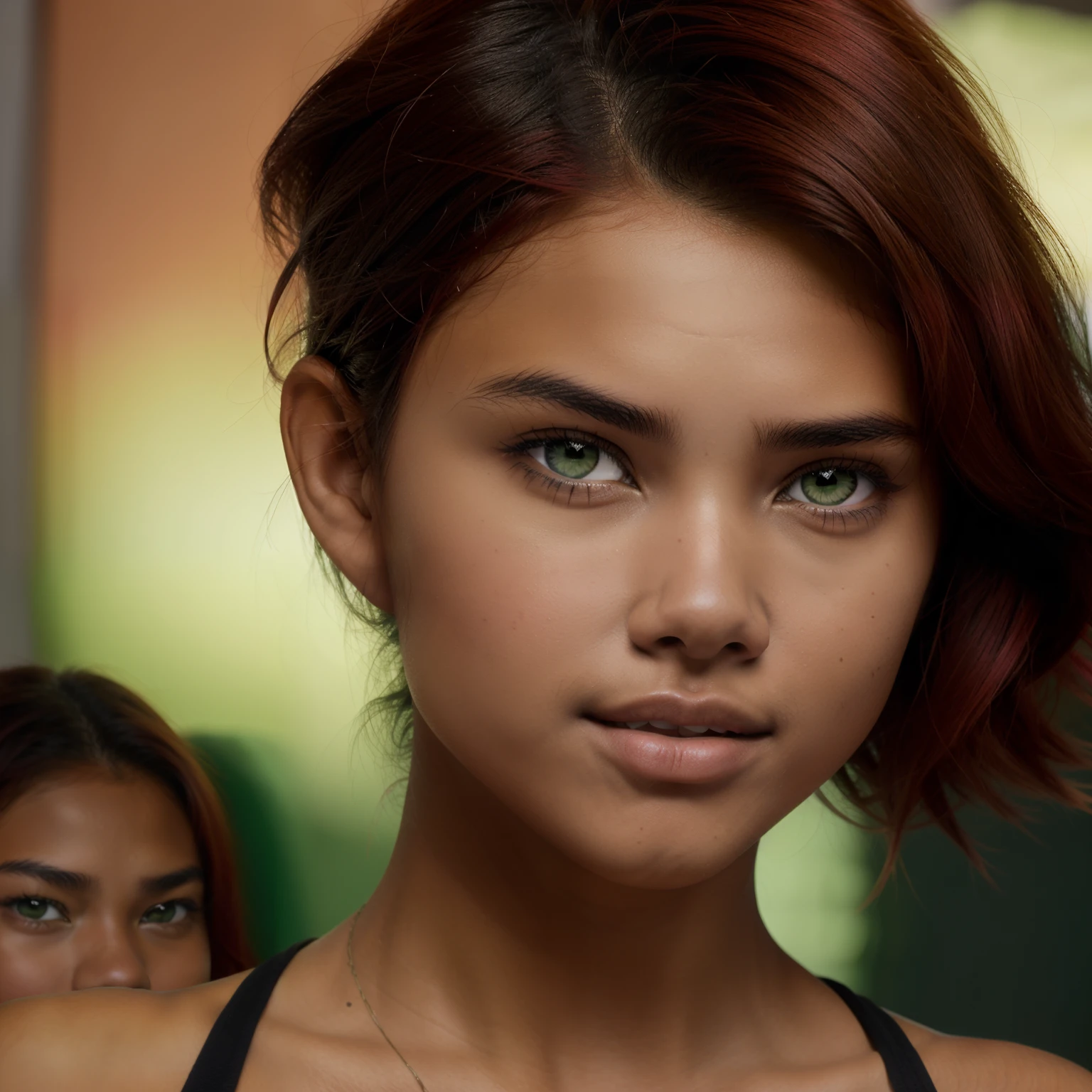 A Photo Of One Young Teen Girl, ((Tupi Guarani Girl)), ((Tupinambá)), ((Teenager)), ((15 Years Old)), ((Tanned Skin Tone)), ((Face Features Of Taylor Lautner and Adriana Lima)), ((Long Pixie Cut Hair)), (Straigth Hair), ((Dyed Red Hair Color)), Flowy Hairstyle, Pores, Realistic Skin, ((Green Eyes)), Wearing Makeup, ((Wearing Minimalistic Clothes)), Futuristic Background, Face Focused, Portrait, Face Close Up