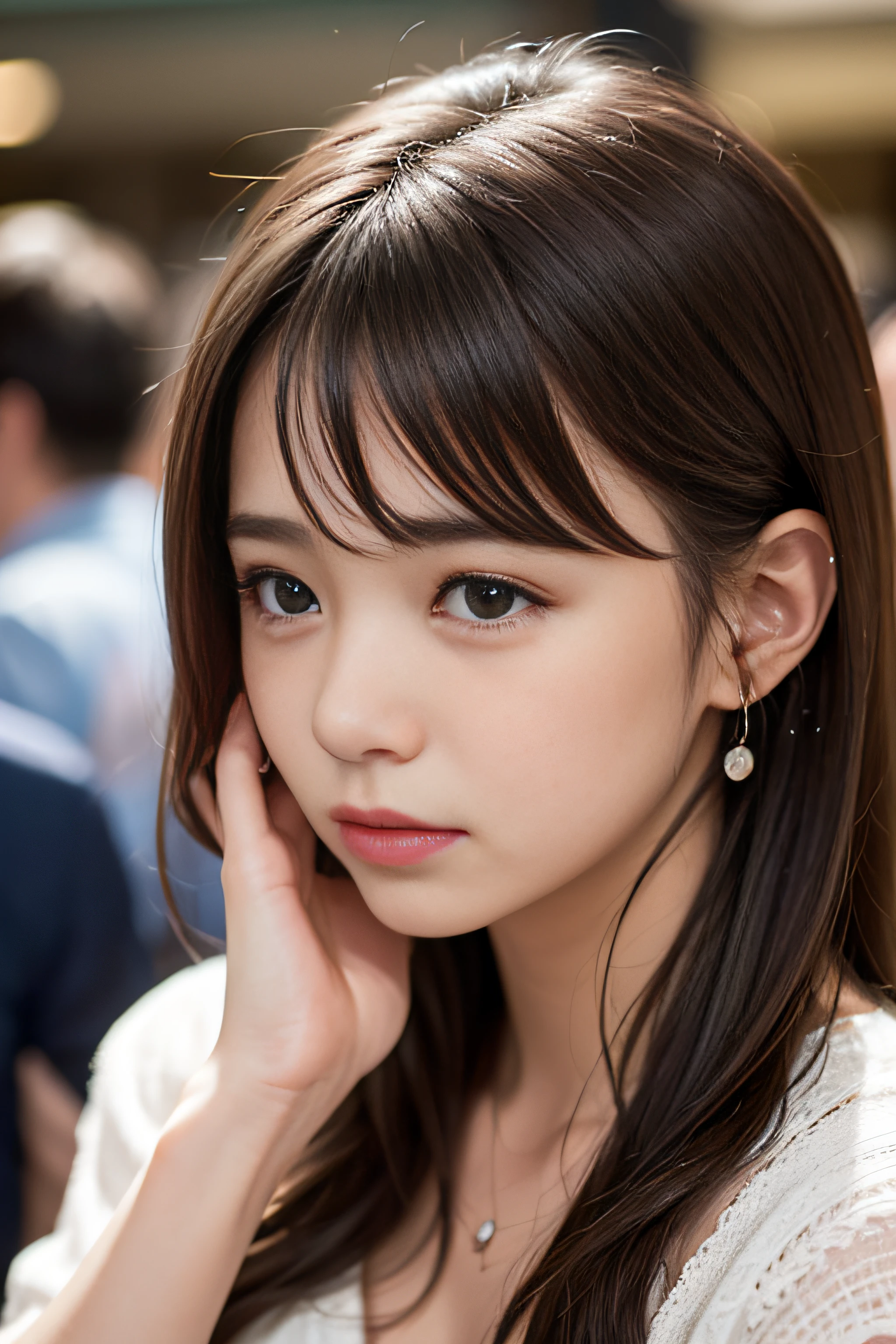 1girl in、(Super beauty)、Long brown wavy hair、(Heartbreak Travel)、(Tears:1.4)、Tokyo Station in the Rain、(beauitful face)、Shallow depth of field