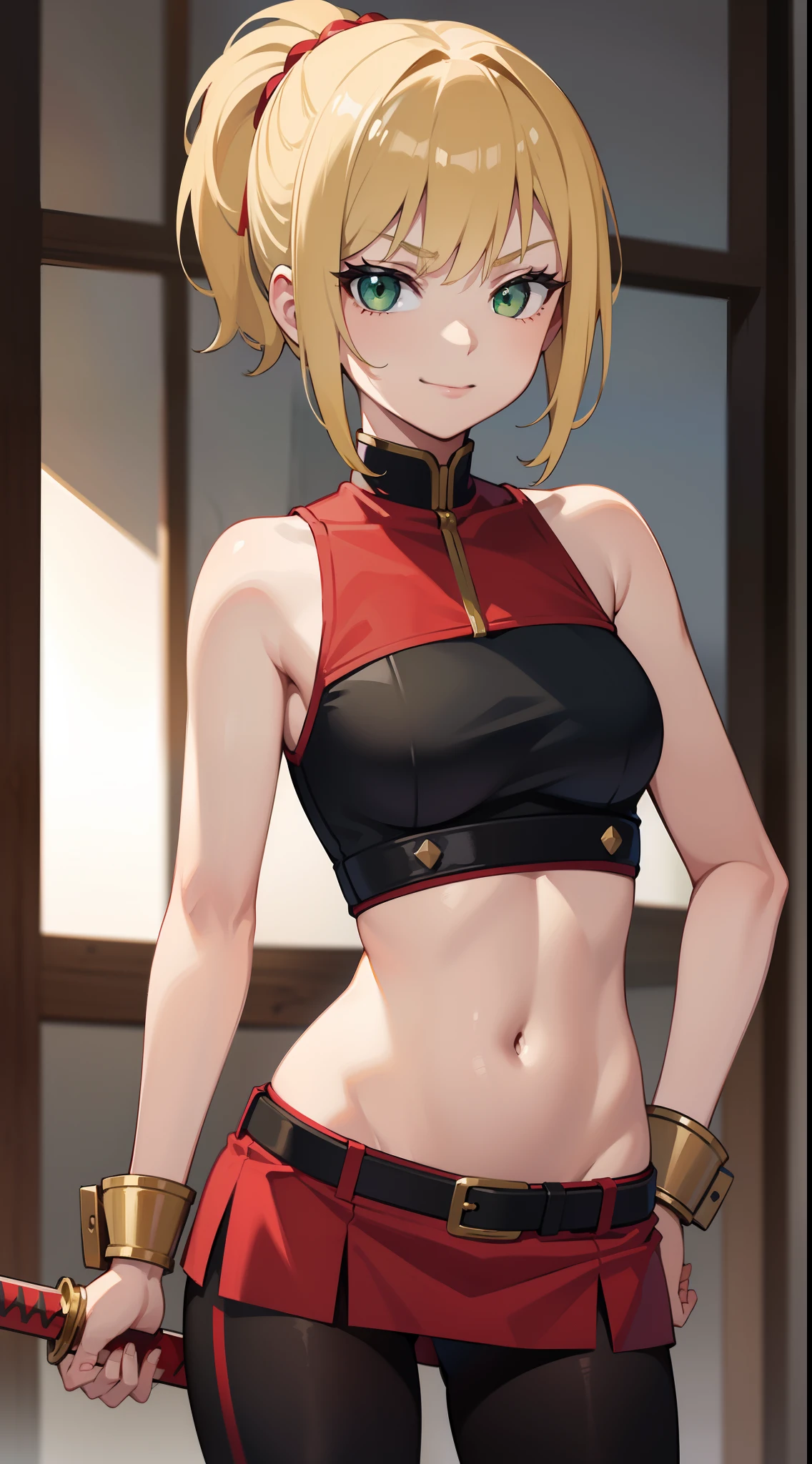 Score_9, score_8_up, score_7_up,score_6_up, score_5_up, score_4_up , 1girl, solo, ((Split hair)), ((brown hair)), ((blue hair)). heterochromia, brown eyes and red eyes, PonyShiranui, japanese clothes, revealing clothes, cleavage, high ponytail, bmarydg,, blonde hair, short hair, blue eyes,, sleeveless turtleneck, sleeveless, baggy pants, loose belt, crop top, blue_Pants, fingerless gloves, happy, cowboy shot, simple background