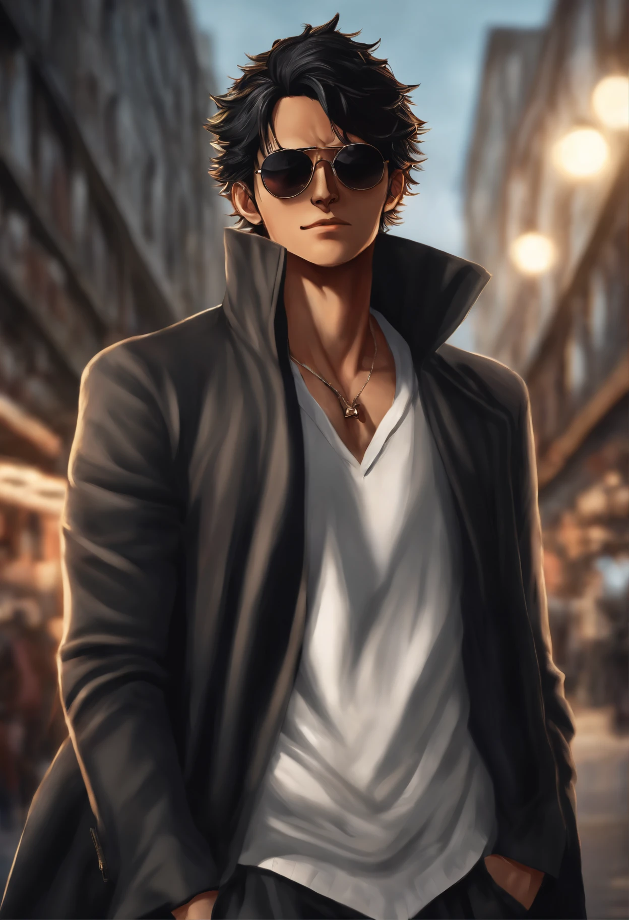 "a detailed artwork by Luffy in an overcoat and a black shirt wearing sunglasses over his face with a serious expression, One piece, 4K, 8k, FULL HD, Corps entier, One piece Art Style, Hyperrealistic drawing style, Clean and detailed anime art, city background, Monkey D Luffy, Luffy human."