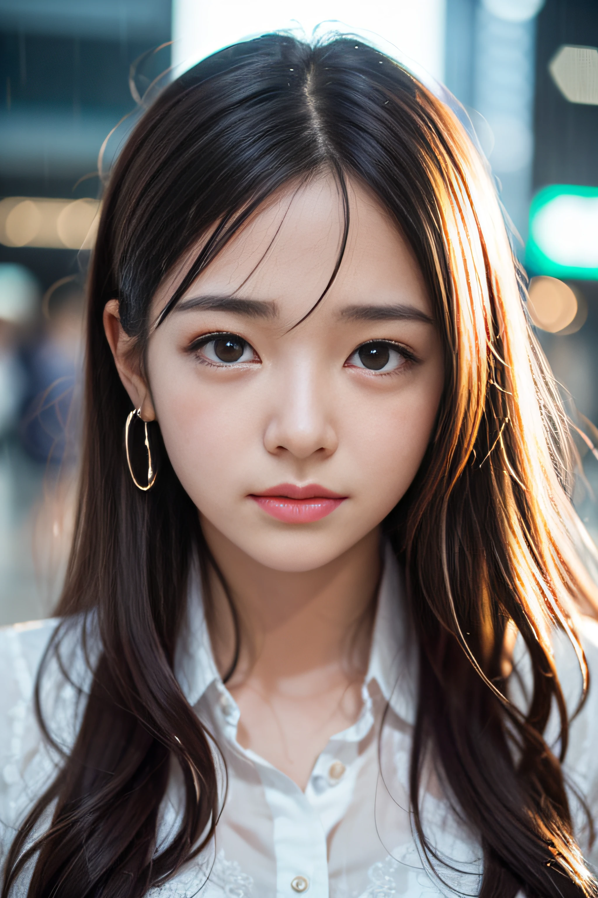 1girl in、(Super beauty)、Long brown wavy hair、(Heartbreak Travel)、(Tears:1.4)、Tokyo Station in the Rain、(beauitful face)、Shallow depth of field