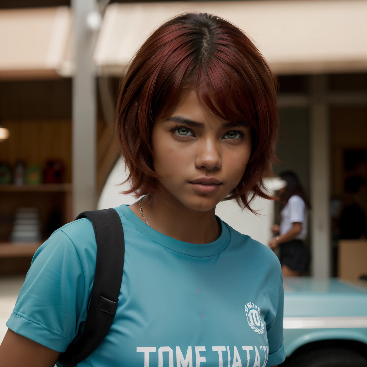 A Photo Of One  Girl, ((Tupi Guarani Girl)), ((Tupinambá)), ((Teenager))Years Old)), ( Tone)), ((Face Features Of Taylor Lautner and Adriana Lima)), ((Long Pixie Cut Hair)), (Straigth Hair), ((Dyed Red Hair Color)), Flowy Hairstyle, Pores, Realistic Skin, (Green Eyes), Wearing Makeup, ((Wearing Tomboy Clothes: 1.0)), tomboy Style, Streetwear Clothing, Futuristic Background, Face Focused, Portrait