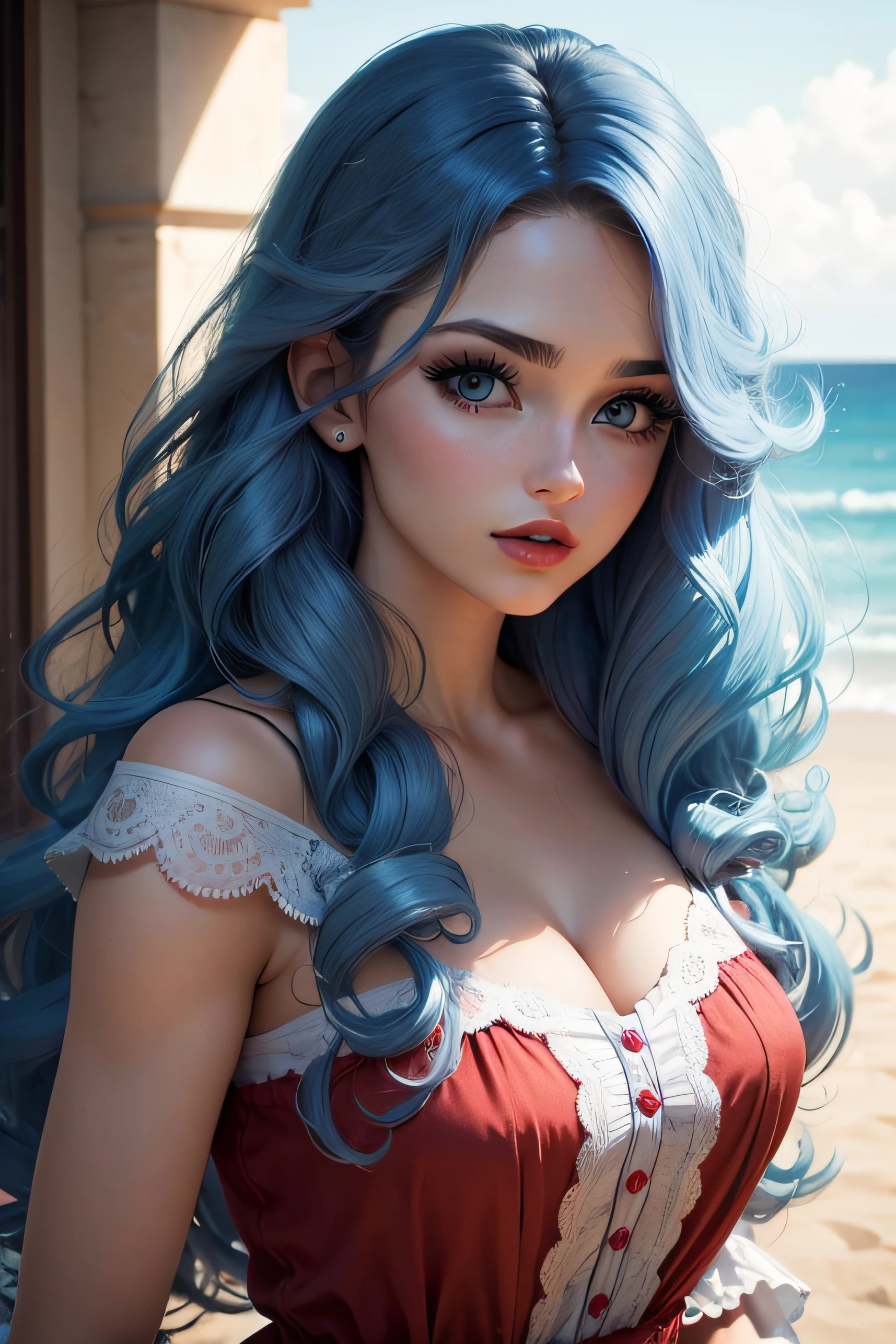 cabelos azuis claros, olhos turquesa, long eyelashes, Big Red Lips, olhos de damasco, beleza, Girly, curly hair, princesa, sem roupas
