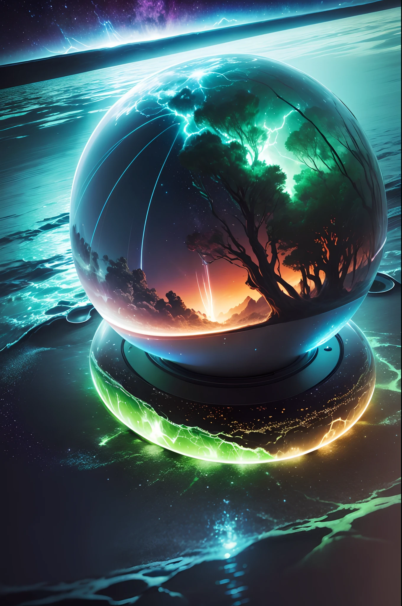 intergalactic, interstellar, solar system, lake, trees, thunderstorm, neon green, water ball, demonic overlord,