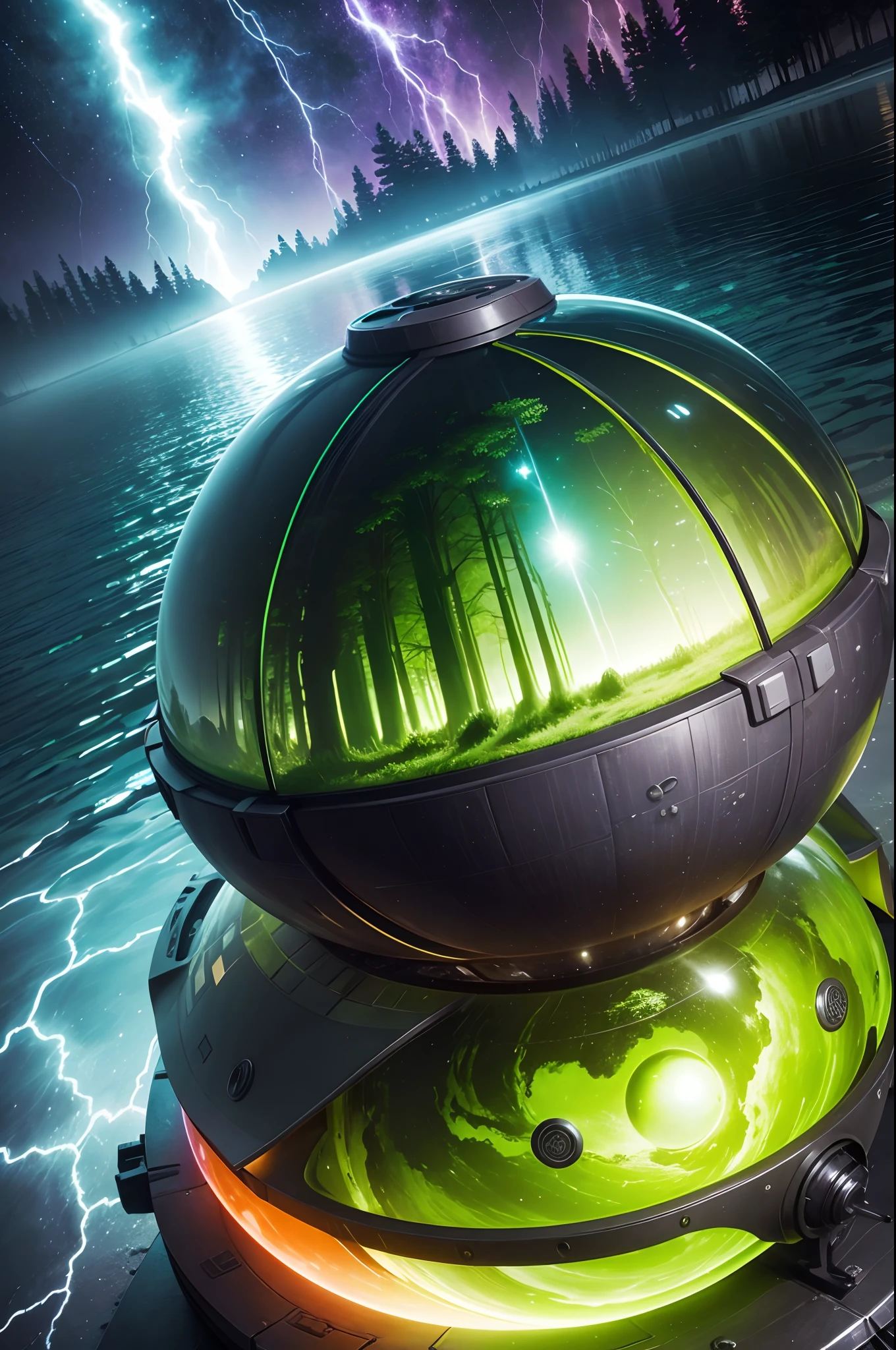 intergalactic, interstellar, solar system, lake, trees, thunderstorm, neon green, water ball, demonic overlord,