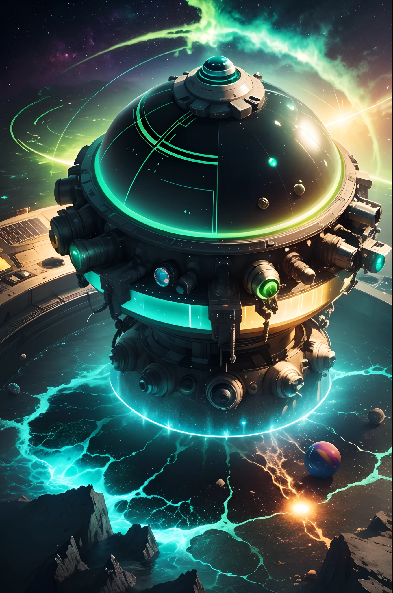intergalactic, interstellar, solar system, lake, trees, thunderstorm, neon green, water ball, demonic overlord,