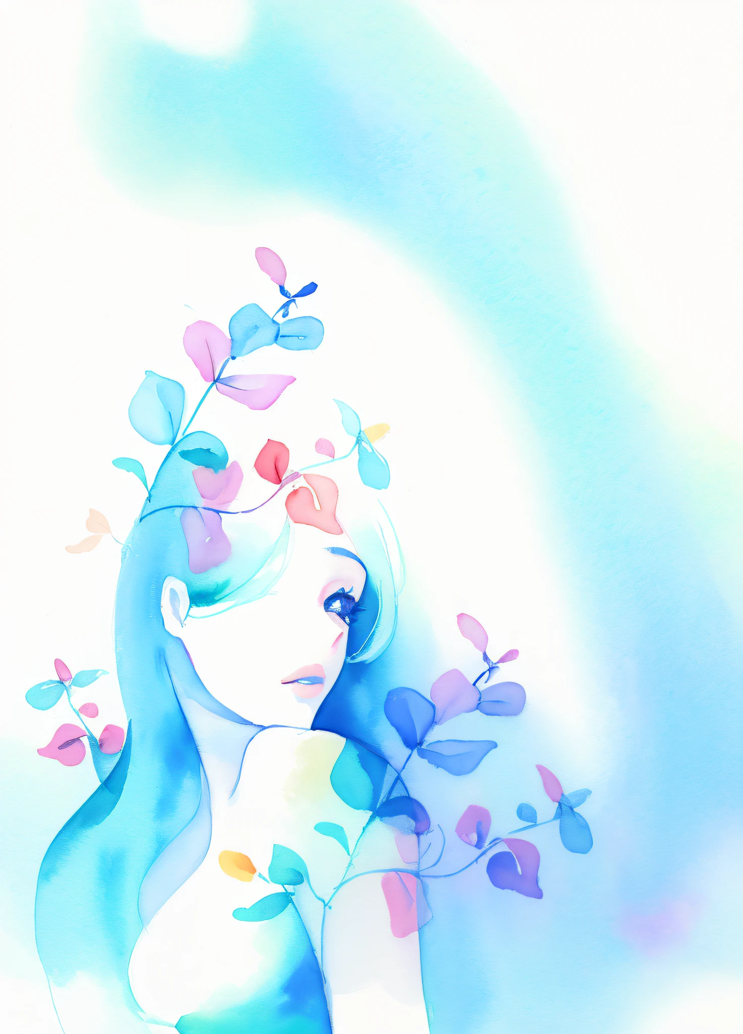 Arte delineada, desenho de linha minimalista em forma de mulher com folhas, estilo linha, watercolor painting in high resolution