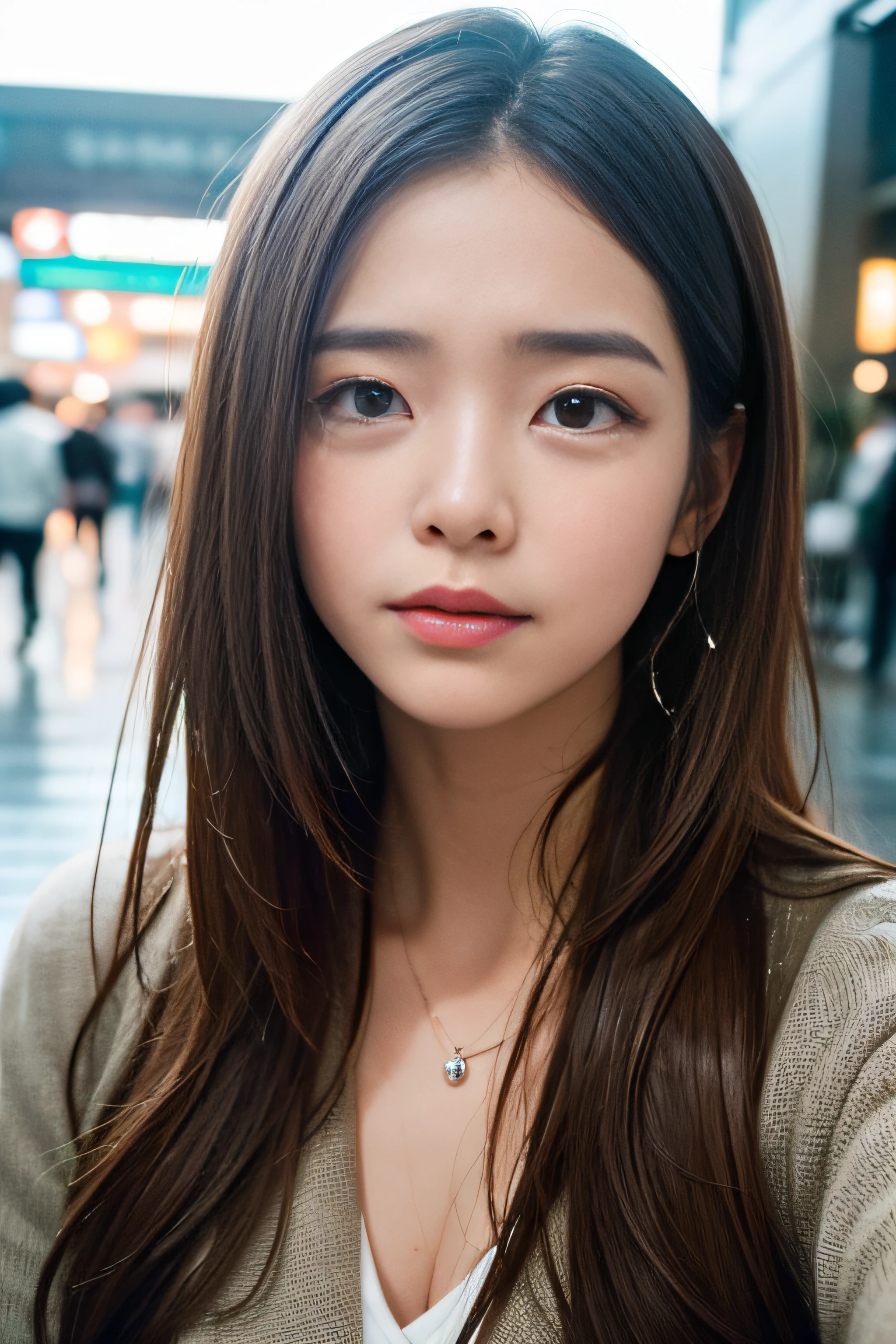 1girl in、(Super beauty)、Long brown wavy hair、(Heartbreak Travel)、(Tears:1.4)、Tokyo Station in the Rain、(beauitful face)、Shallow depth of field