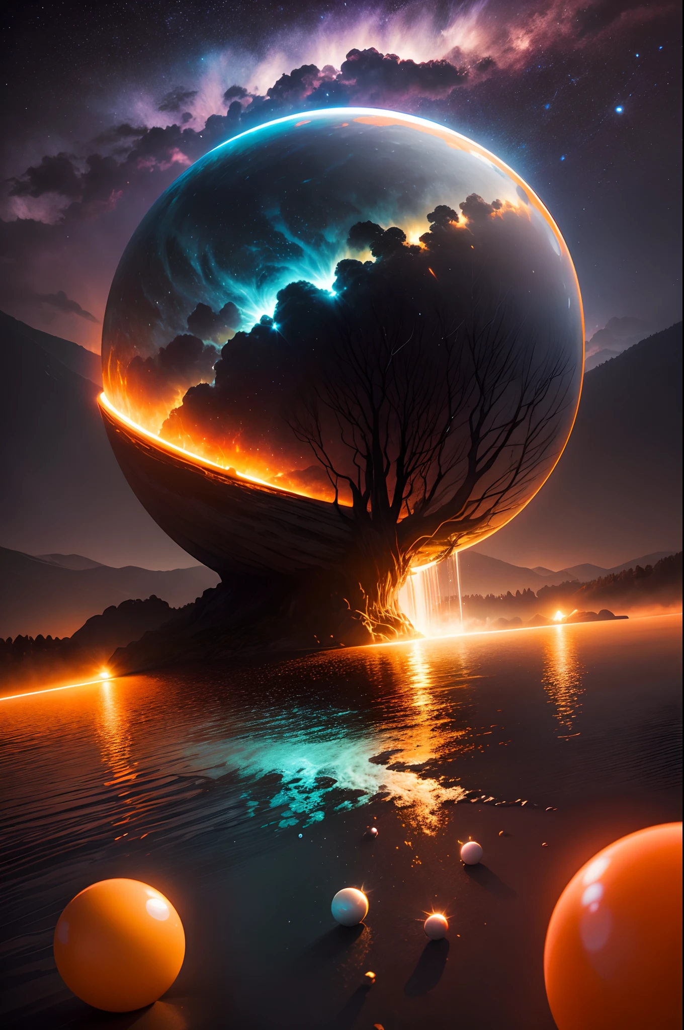 intergalactic, interstellar, solar system, lake, trees, thunderstorm, neon orange, water ball, demonic overlord,