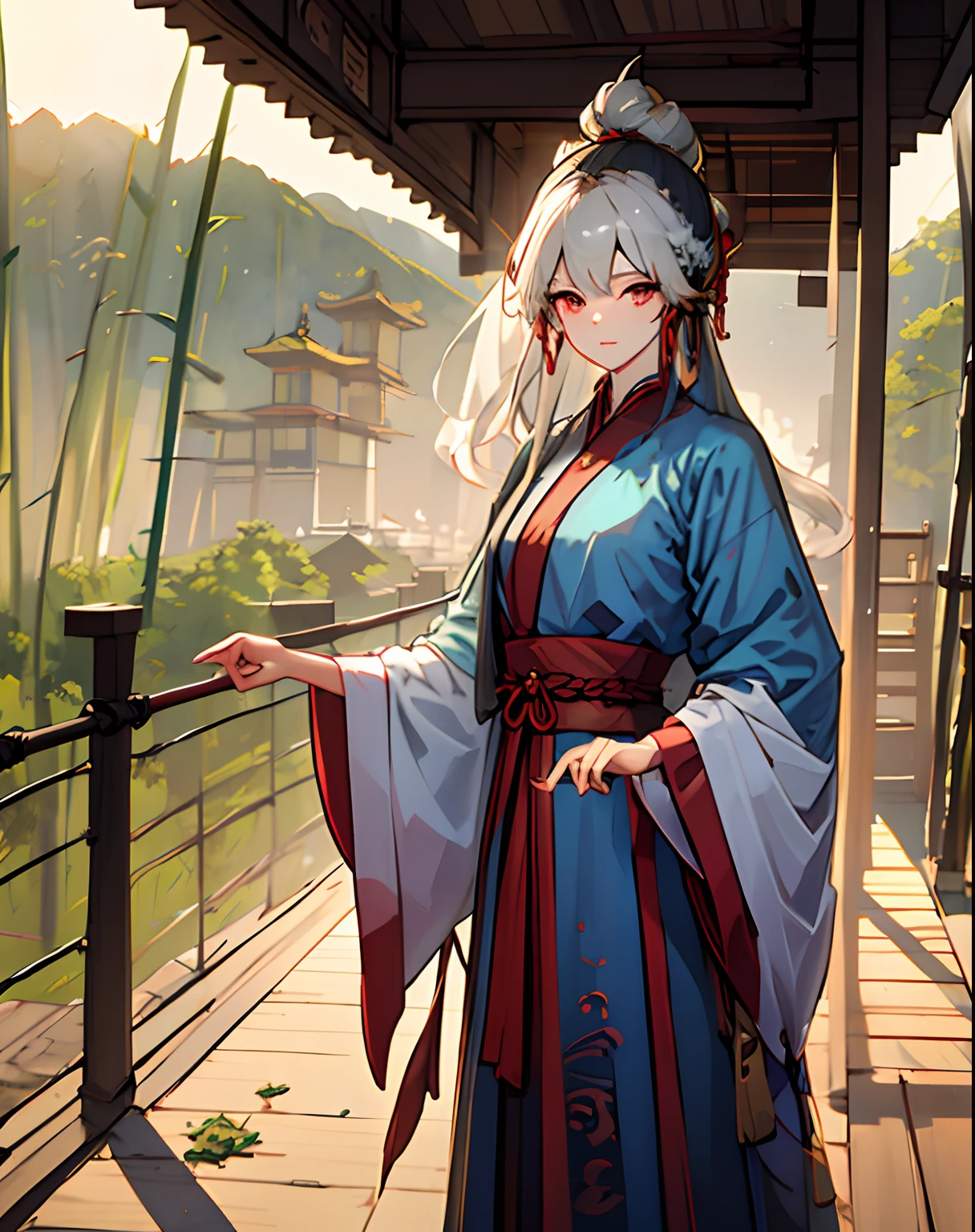 1mulher,cabelos compridos sedosos, cabelos negros, olhos sedutores, corpo delgado, usando uma roupa sexy hunfa estilo Xanxia, standing at ease admiring the sunset in a summer house in the mountains, near a bamboo forest.Arte bonita e detalhista.