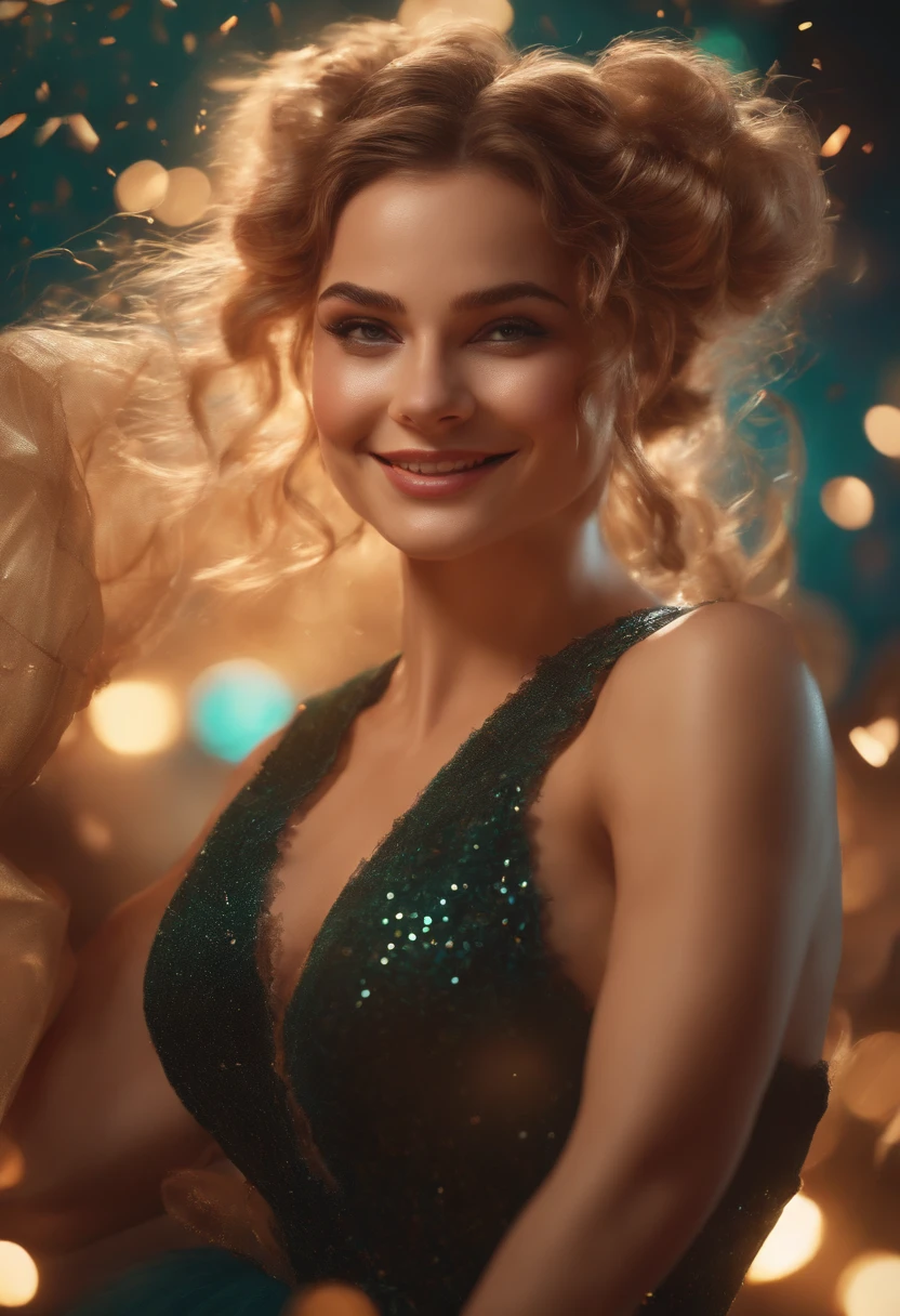Zoom out,Morrigan Arshavin,large breast,freckles,pigtails,dancing in the middle of a party,she smiles,she is having a good time,fashion shot,many people around her,illustration,vibrant colors,studio lighting,highres,physically-based rendering,portraits,bokeh,playful,dazzling lights,energetic atmosphere,ultra-detailed,sharp focus,cheerful expressions,warm tones,confetti,festive decorations,splendid outfit,glamorous makeup,stylish hairstyle,ethereal background,fantasy, dynamic movement, joyful ambiance, captivating presence