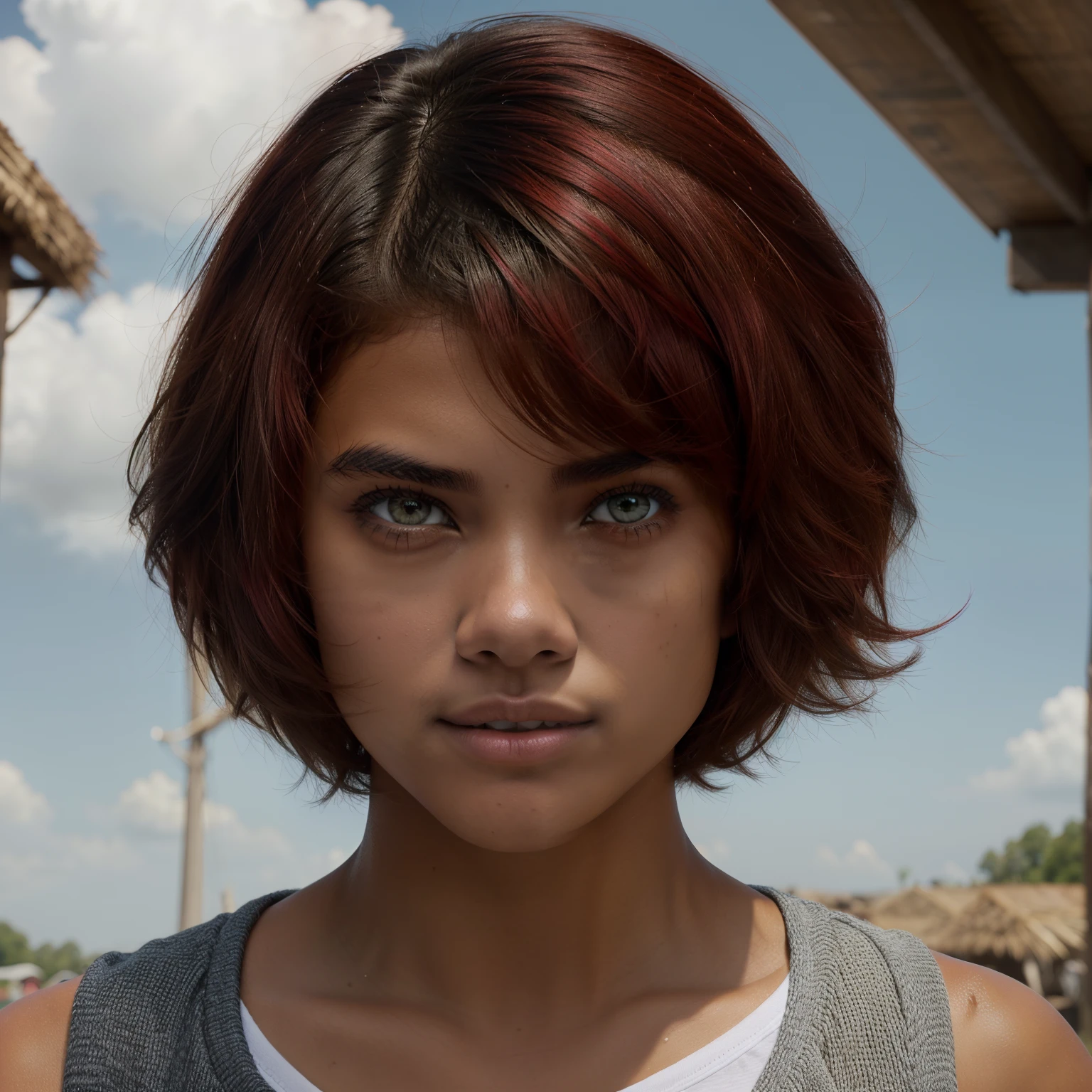 A Photo Of One  Girl, ((Tupi Guarani Girl)), ((Tupinambá)), ((Teenager))Years Old)), ( Tone)), ((Face Features Of Taylor Lautner and Adriana Lima)), ((Long Pixie Cut Hair)), (Straigth Hair), ((Dyed Red Hair Color)), Flowy Hairstyle, Pores, Realistic Skin, (Green Eyes), Wearing Makeup, ((Wearing Tomboy Clothes: 1.0)), Tomboy Style, Streetwear Clothing, Futuristic Background, Face Focused, Portrait