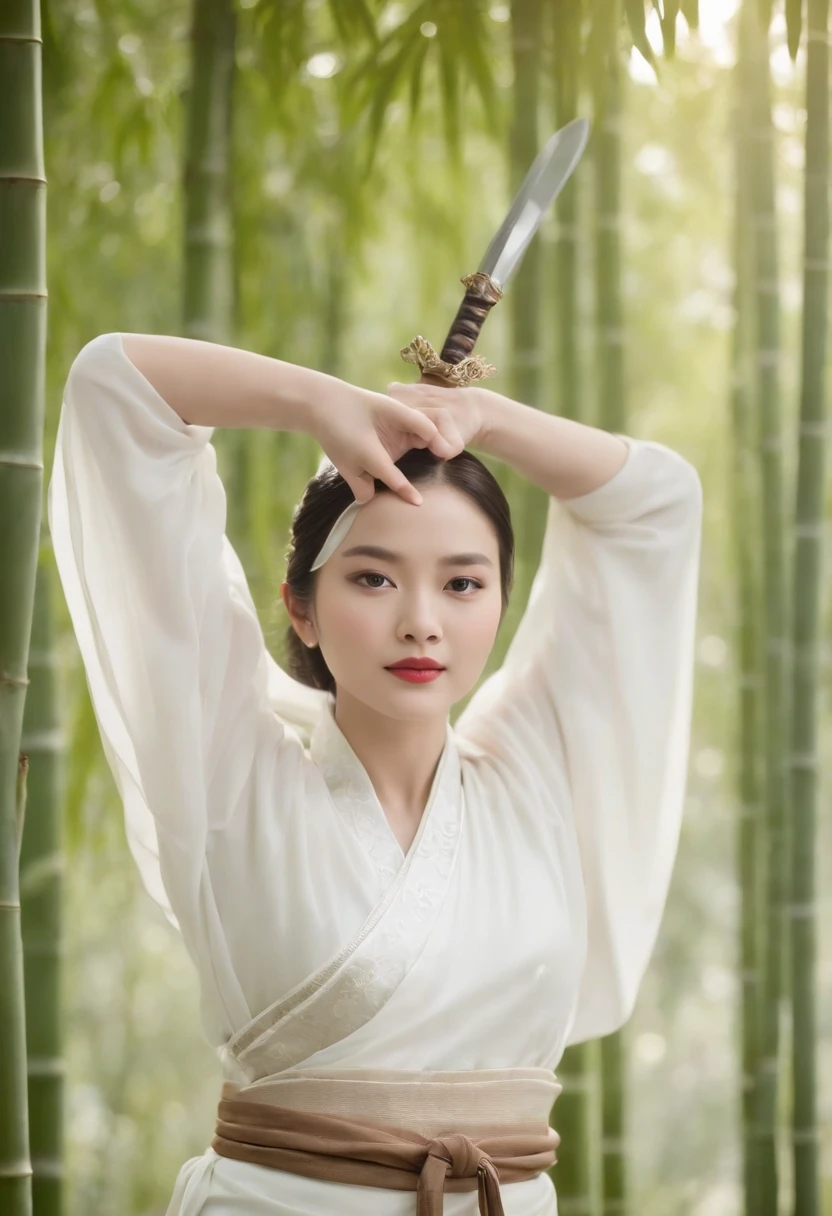 A Chinese woman dances a sword dance in a bamboo forest,White Hanfu,Light wind,Tyndall rays,k hd,exteriors,8K,Masterpiece, Best quality, {Best quality}, {{Masterpiece}}, {A high resolution}, Focus,
