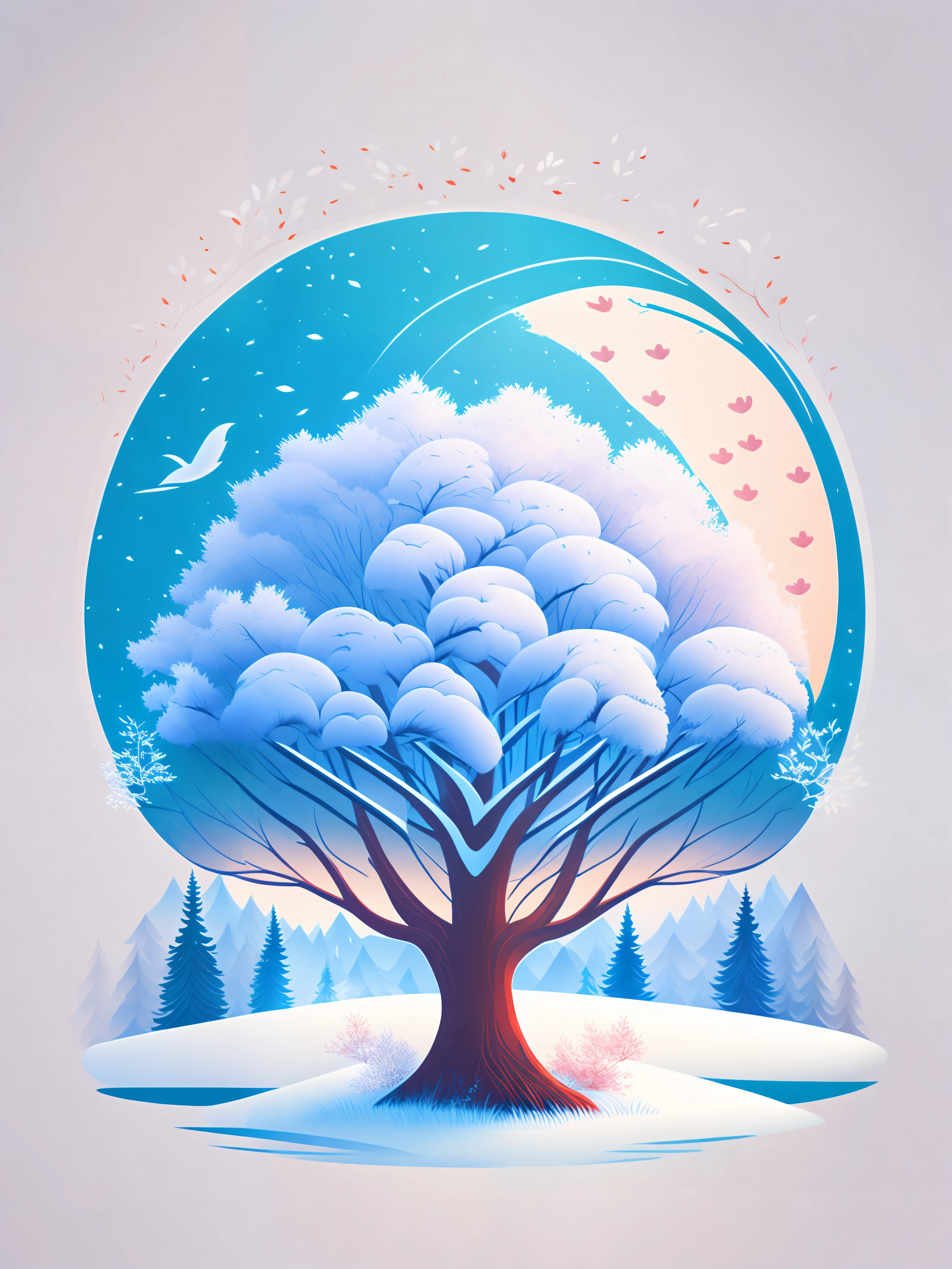 a spruice Apple tree in a winter landscape, tshirt design, rzminjourney, vector-art