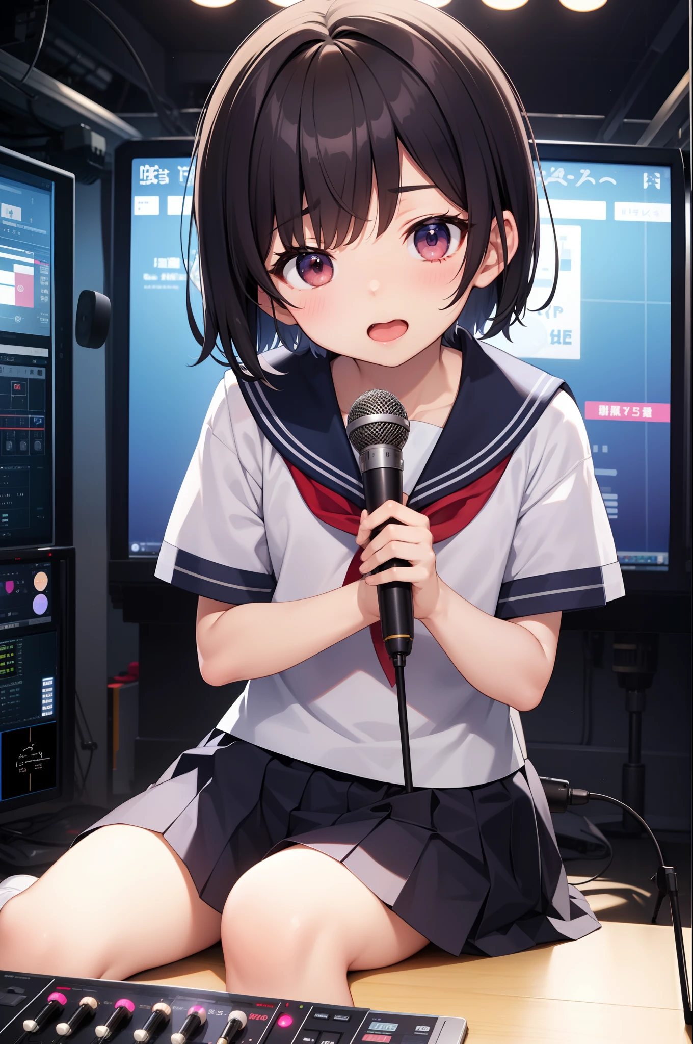 Shota、Man's daughter、short-haired、A dark-haired、hime-cut、a sailor suit、broadcast room、mixer、Stand Microphone、Sit up
