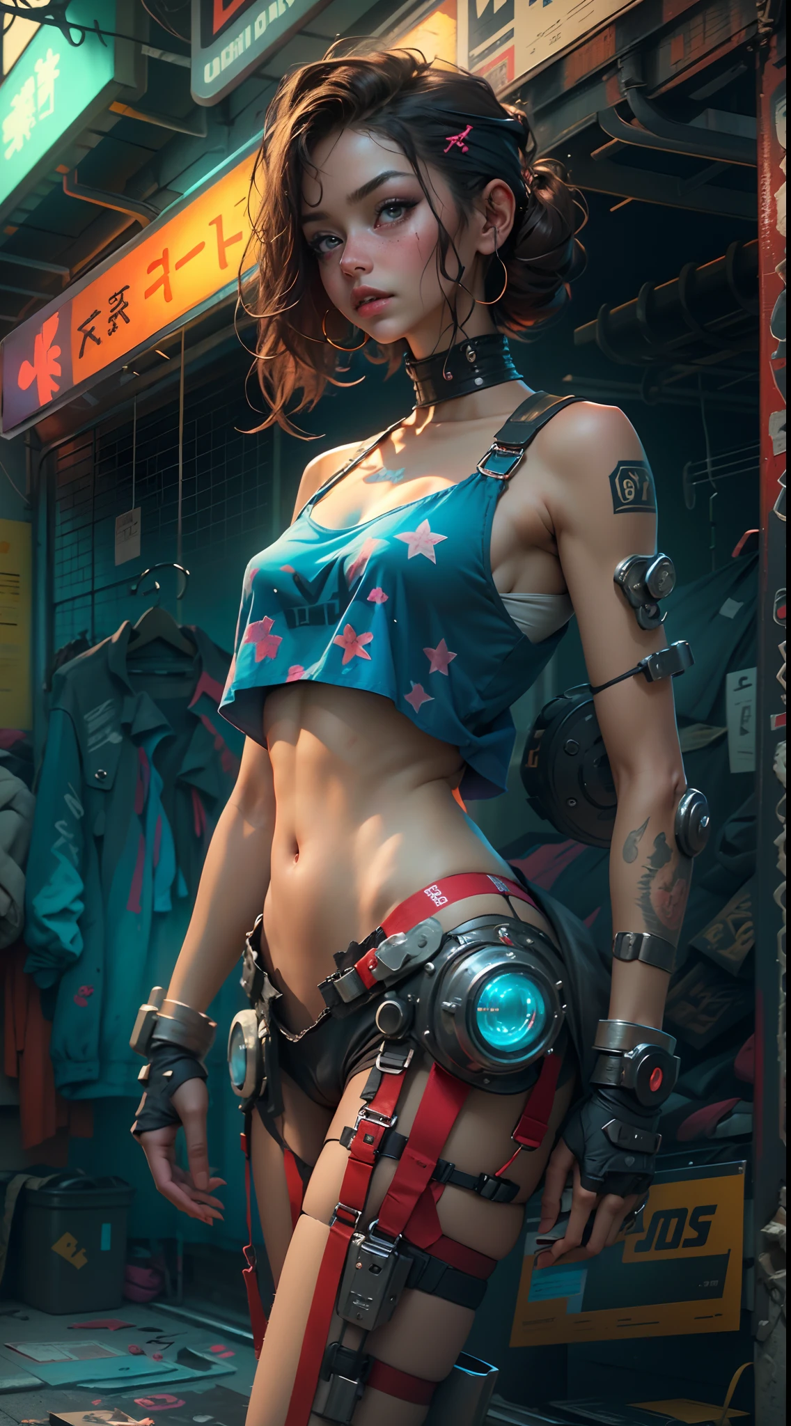 motor irreal:1.4,CG ultra realista 64K, fotorrealista:1.4, textura de la piel:1.4, obra maestra:1.4,posing behind Beautiful woman with doll lingerie、Ropa corta estilo cyberpunk color amarillo, pantimedias red , Mini falda azul,