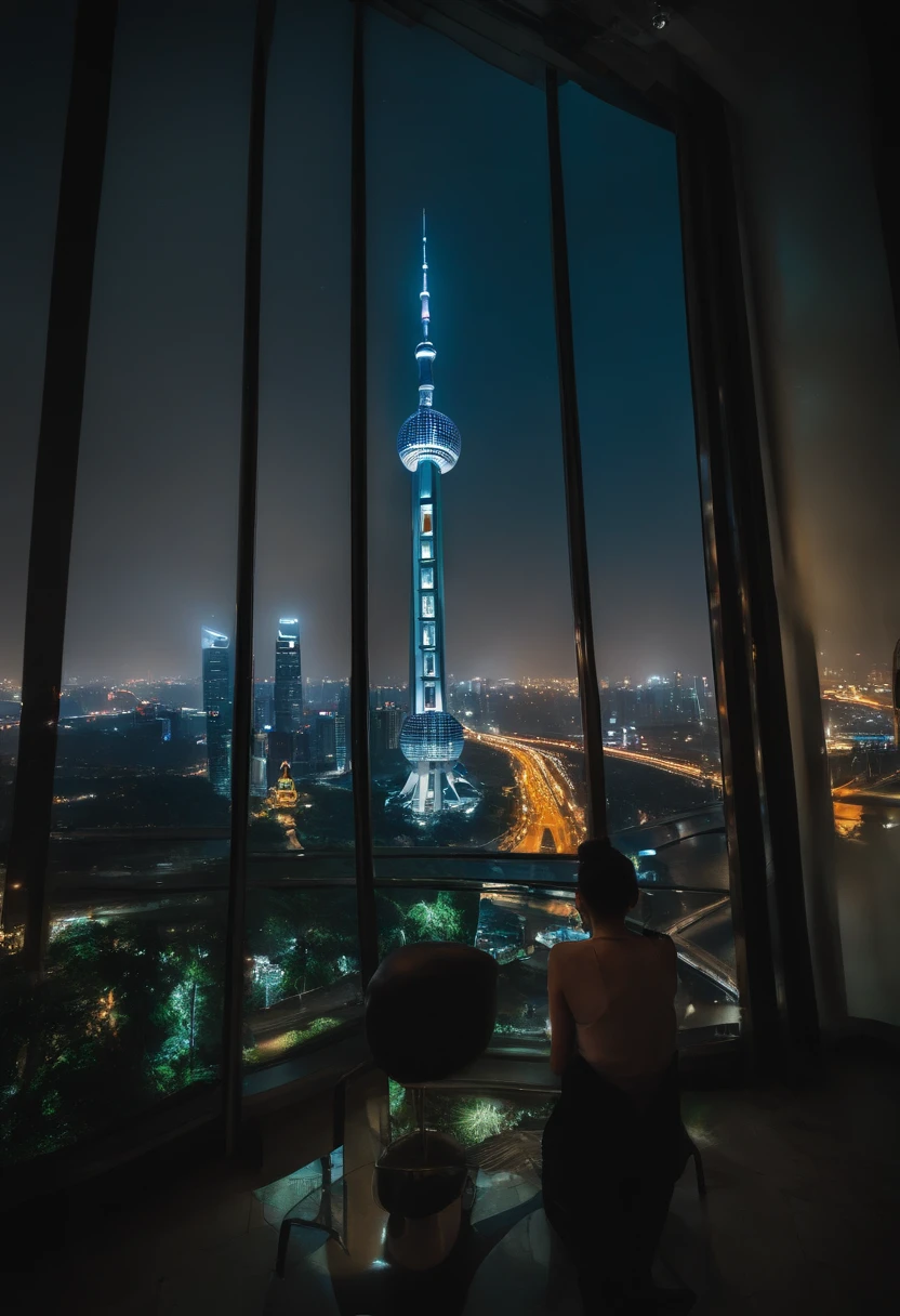 Shanghai at night,There are moons,There is the Milky Way,Night view of the city,It's the angle of the vista,In front of the camera, someone is standing in front of the floor-to-ceiling window watching