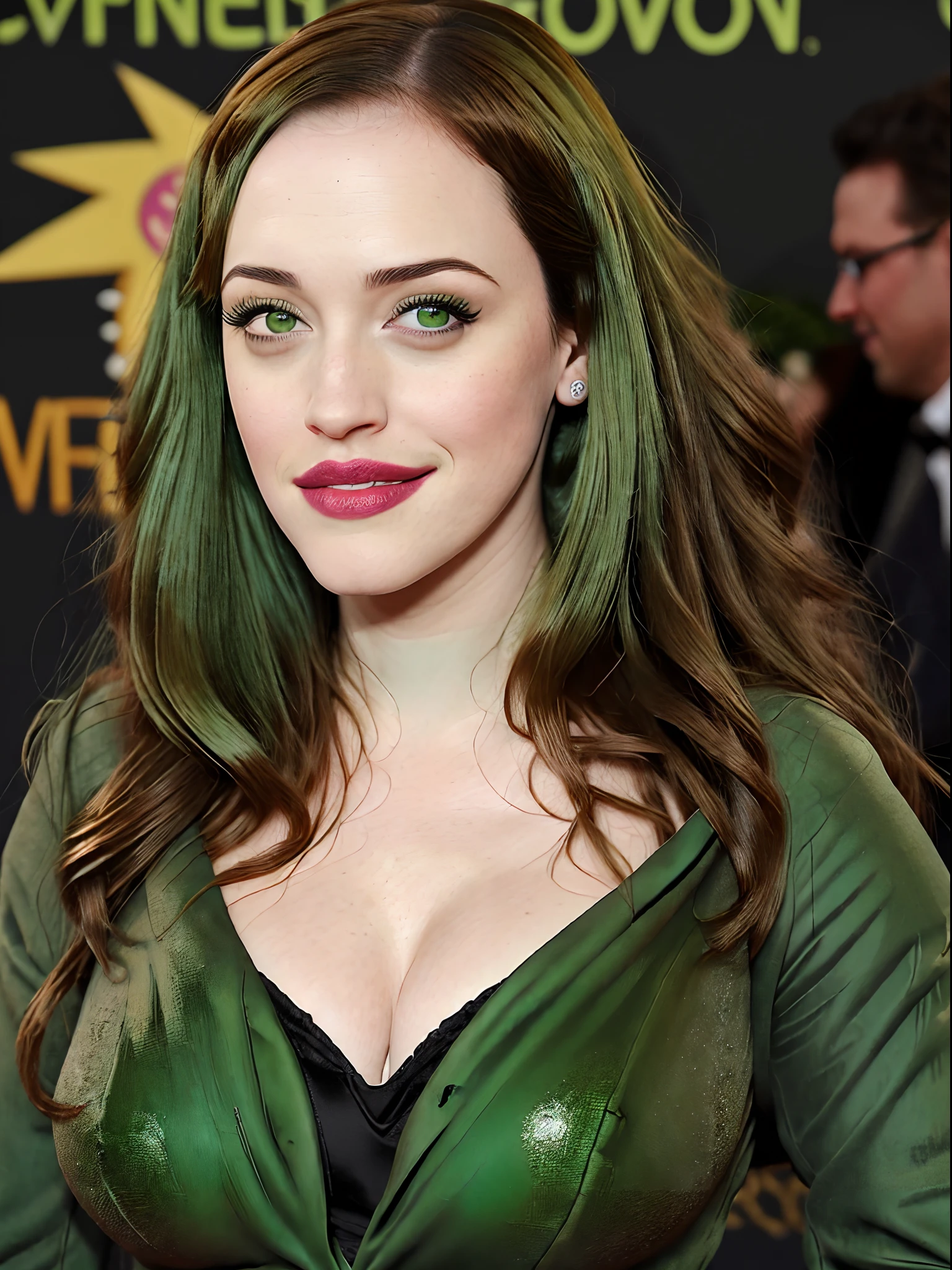 Kat dennings (hyperbolic green skin:1.5), antennas on forehead, big teeth, cleavage, Pikachu, long coat, (sailor moon:1.2), sequins, glowing