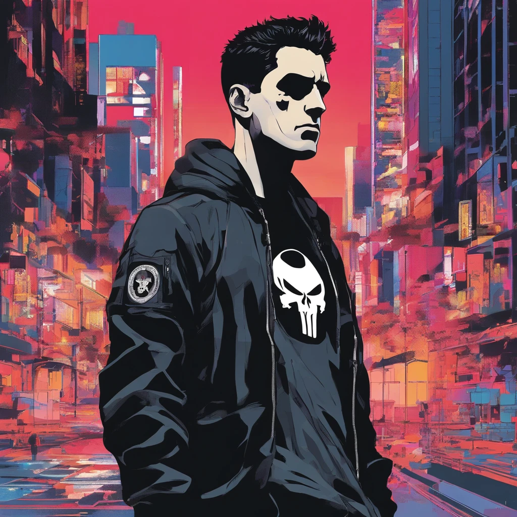 the punisher as an19 years old ager wear black skull t-shrit and black jacket ,yusuke murata artstyle, anime one punsh man anime art style , mappa studio animation style