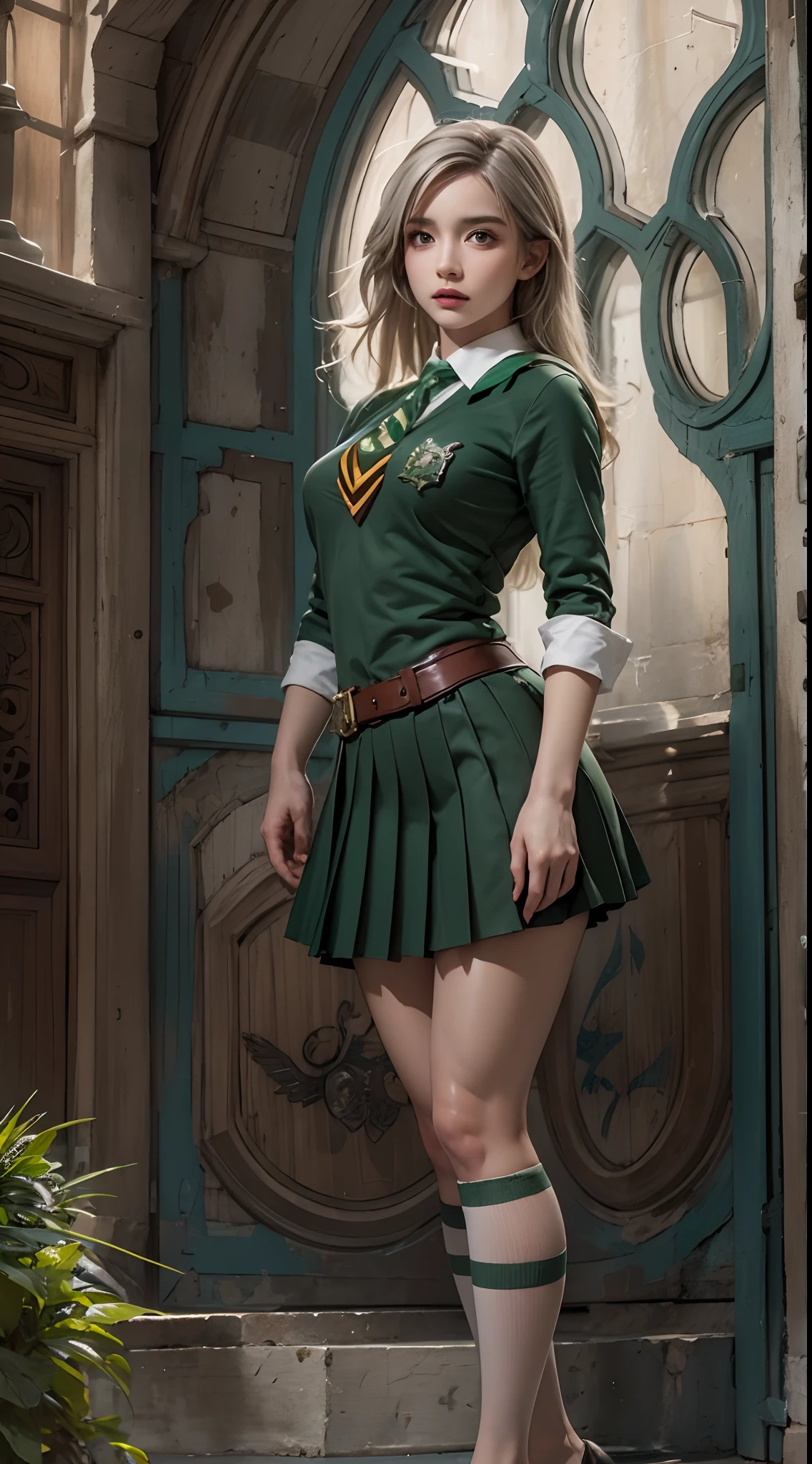 Photorealistic, high resolution, 1womanl, Solo, Hips up, view the viewer, (Detailed face), Hogwarts uniform, hogsks, Slytherin