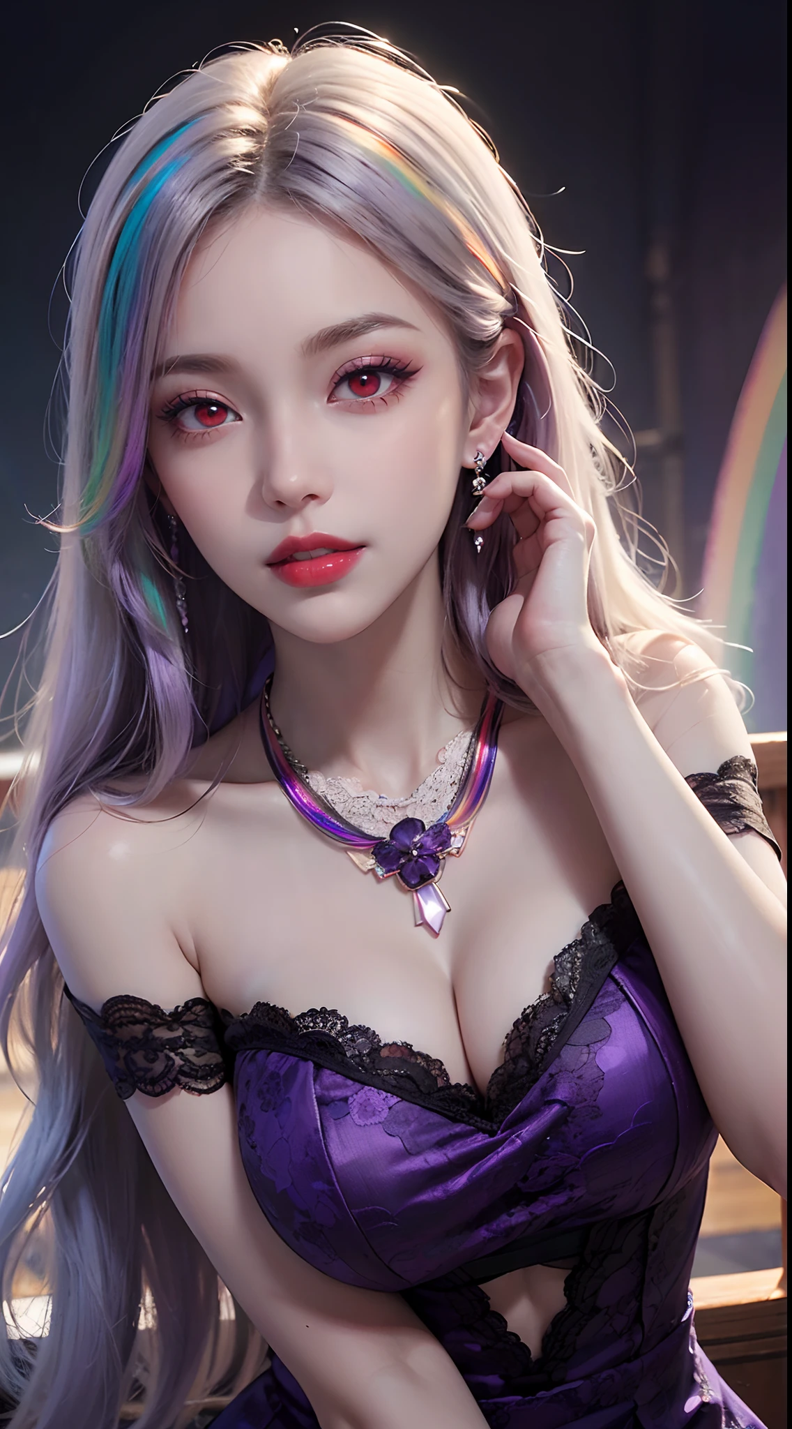 A beautiful and sexy 20 year old girl, wearing a super thin red dress, ((long hair dyed rainbow colors:1.6)), bangs, the most detailed jewelry and beautiful hair, ((wears purple lace necklace:1.6) )), Super cute small face, very pretty face, thin eyebrows, flawless beautiful face, ((black eye pupil: 0.8)), very beautiful eyes, ((red eyes pale:1.5)), beautiful makeup and detailed eyelashes, steamy eye makeup, high nose, earrings, red lips, ((closed mouth:1;5 )) beautiful lips, slim hands, most beautiful thighs, ((arms spread out to the sides: 1.5)), rosy face, clean face, flawless beautiful face, smooth white skin, (big breasts: 1.5)), ((high breasts: 1.6)), Breasts plump, beautiful cleavage, ((big and super round breasts: 1.8))), ((super tight breasts: 1.5)), beautiful breasts, back arms, beautiful girl's upper body, 8k photo, quality super high, hyper realistic, 10x super pixel, photorealistic, dark studio, light edges, two-tone bright, (high detail skin:1.2), super 8k, soft light, high quality, lighting volumetric, realistic, Photo, high resolution, light, best photo, 4k, 8k quality, blur effect, Smooth and sharp, 10 x pixels, (galaxy: 1.7), aurora, lightning, surreal graphics, most realistic graphics, alone, solo, Extremely sharp, surreal images, (((frontal portrait:1.3)))."